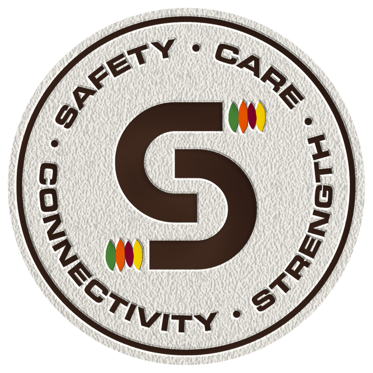 A round sign with a textured background and black border, featuring a large black letter 'S' at the center. Above and below the letter are small colored symbols resembling leaves in green, orange, red, and yellow. The outer ring of the sign contains the words 'SAFETY', 'CARE', 'HUNTER-CHECK', 'ACTIVITY', and 'STRENGTH' separated by small dots.