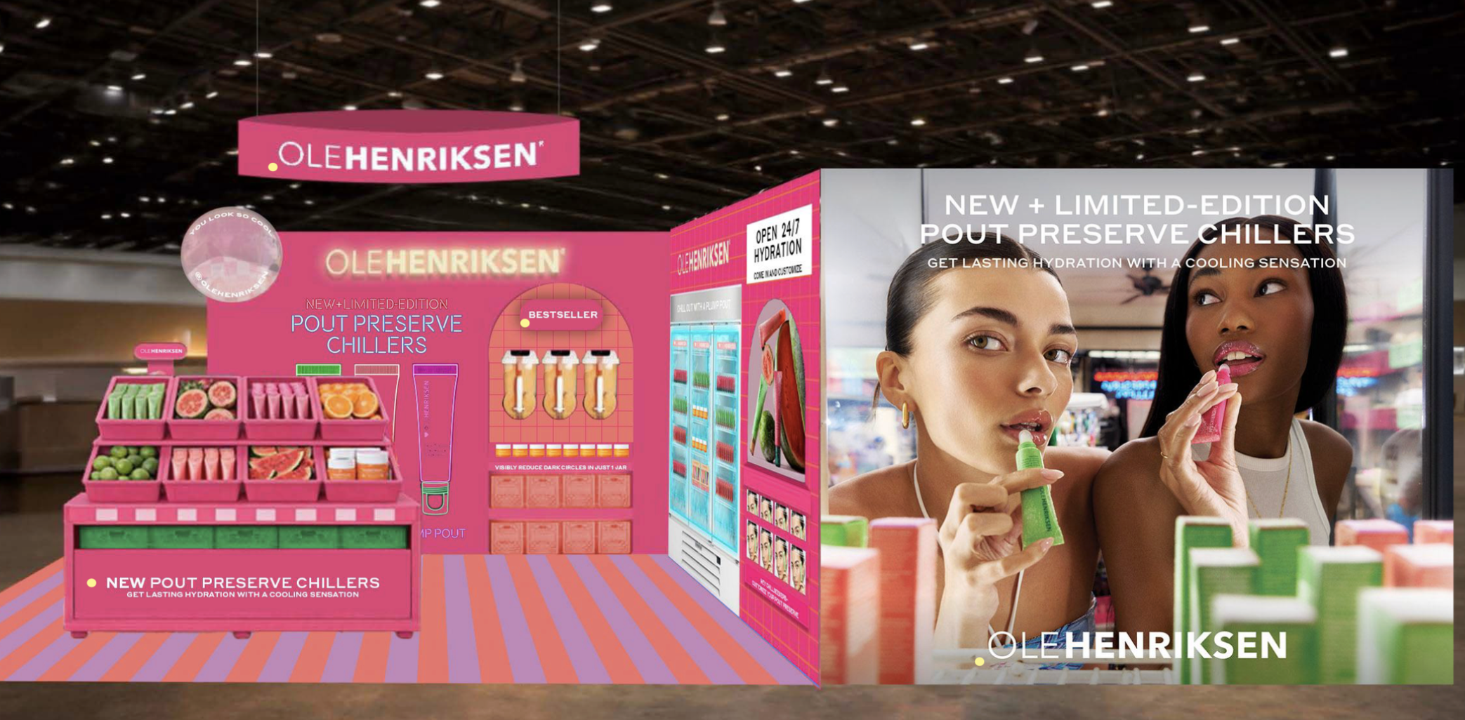 A display booth for Ole Henriksen skincare products features pink-themed packaging and promotional images of women applying products, with text highlighting new and limited-edition pout preserve chillers and hydration products.