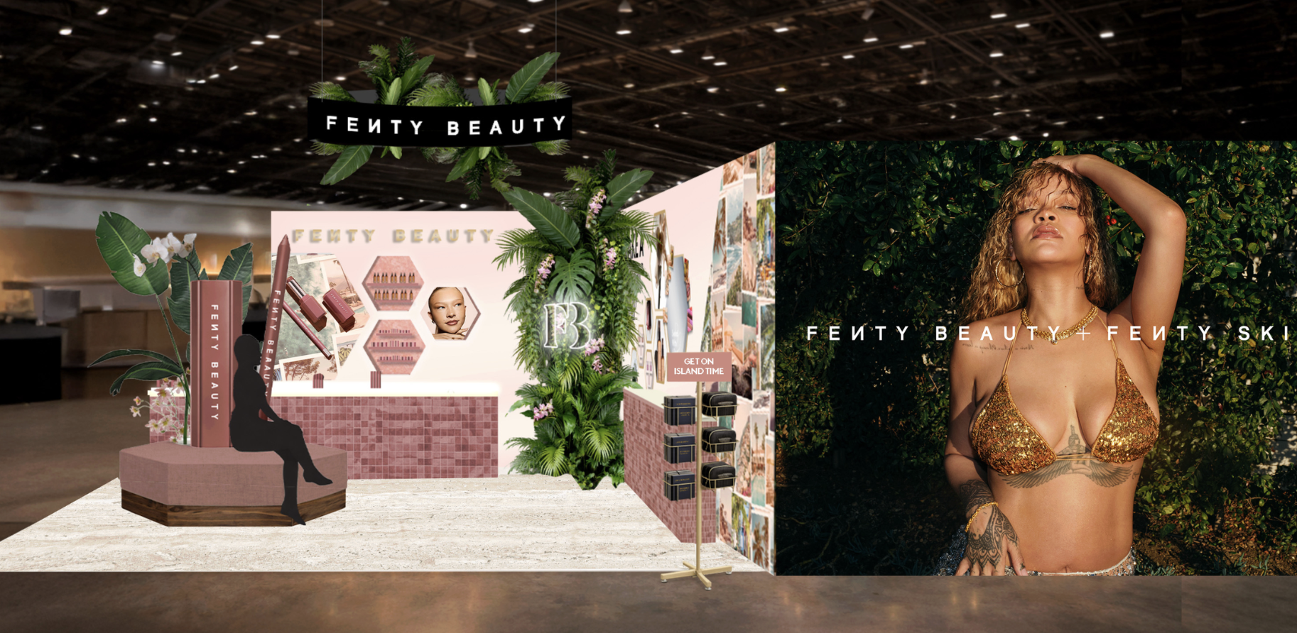 A virtual Fenty Beauty display booth with pink and green color themes, featuring skincare and makeup products, lush tropical plants, and a large photograph of a woman with curly hair and gold makeup in front of a green foliage background.