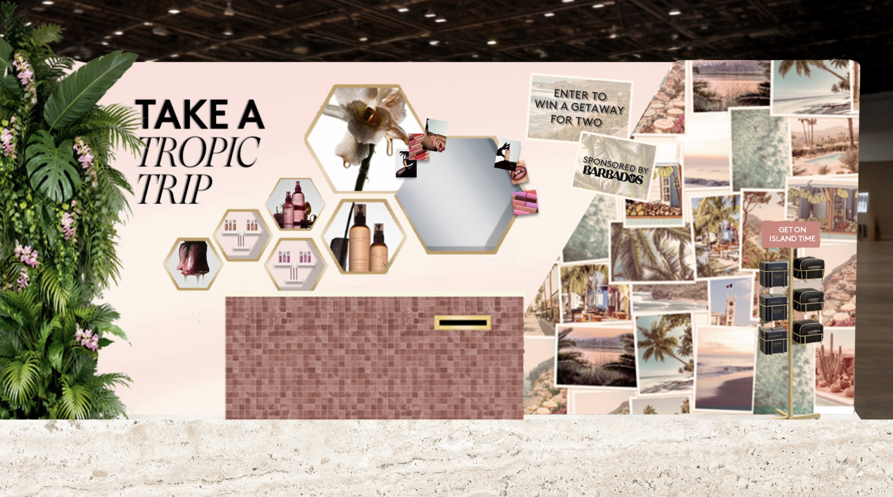 A tropical-themed promotional display featuring lush green foliage on the left and a collage of beach and island images on the right. The backdrop is pink with the text 'Take a Tropic Trip' and various product images in hexagons. There are signs enco
