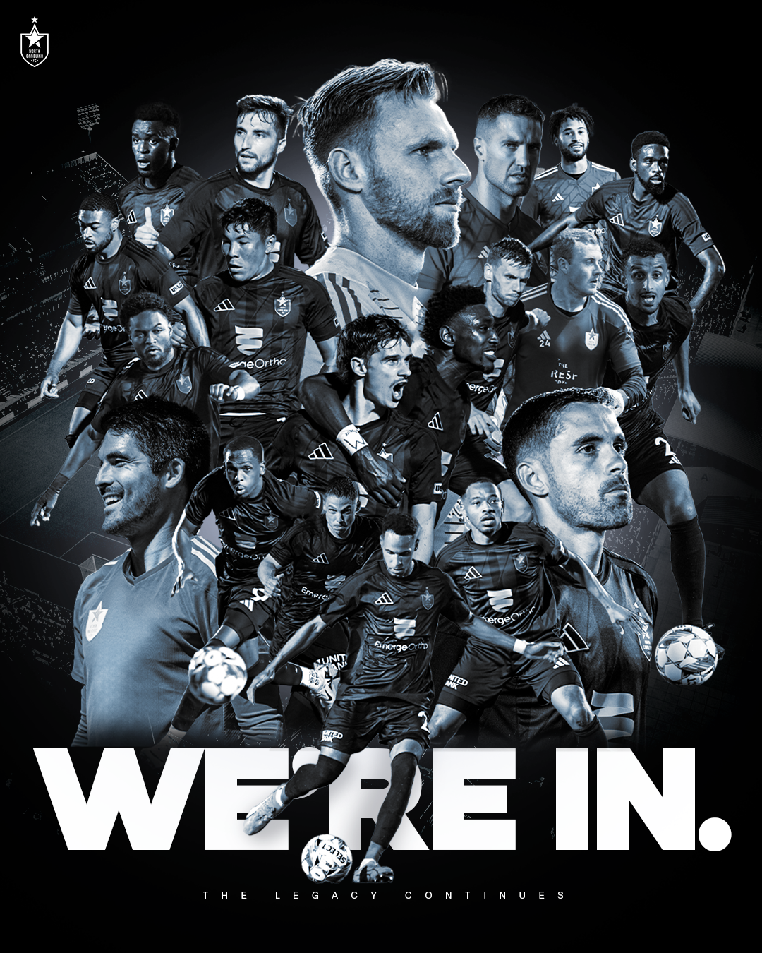 Collage of soccer players in black jerseys with the text "WE'RE IN" and the slogan "The legacy continues."
