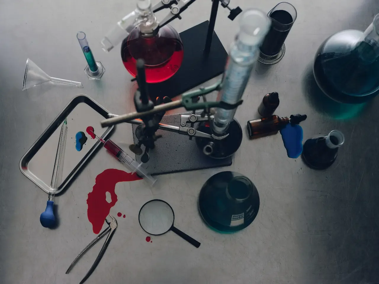 Overhead view of a steel lab table scattered with glassware, a tipped dropper bottle, and spilled red and blue liquid, showing the aftermath of ADHD burnout.