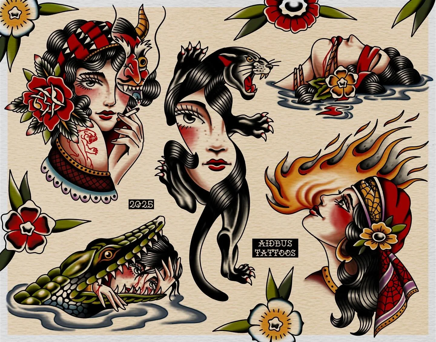 Nothing says self-care like wrestling an alligator, fighting demons, and spitting fire 💅🏼 Anyone brave enough to wear one of these around?
✅All AVAILABLE TO BE TATTOOED✅
👉Can be done in Color 🌈 or Black &amp; Gray ☠️ 
I would love to tattoo any o