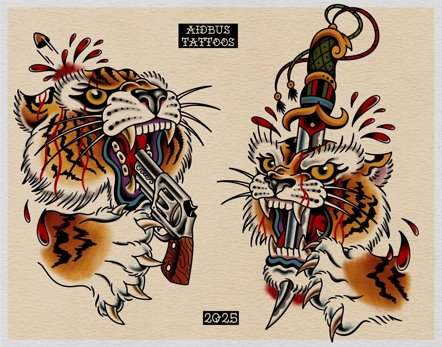 Suicide, survival, or just another week? The universe doesn&rsquo;t care. That&rsquo;s the freedom. These tigers remind us: if nothing matters, we get to choose what does.
So you might as well get some sick ass tattoos
-
Designs available in:
Black &