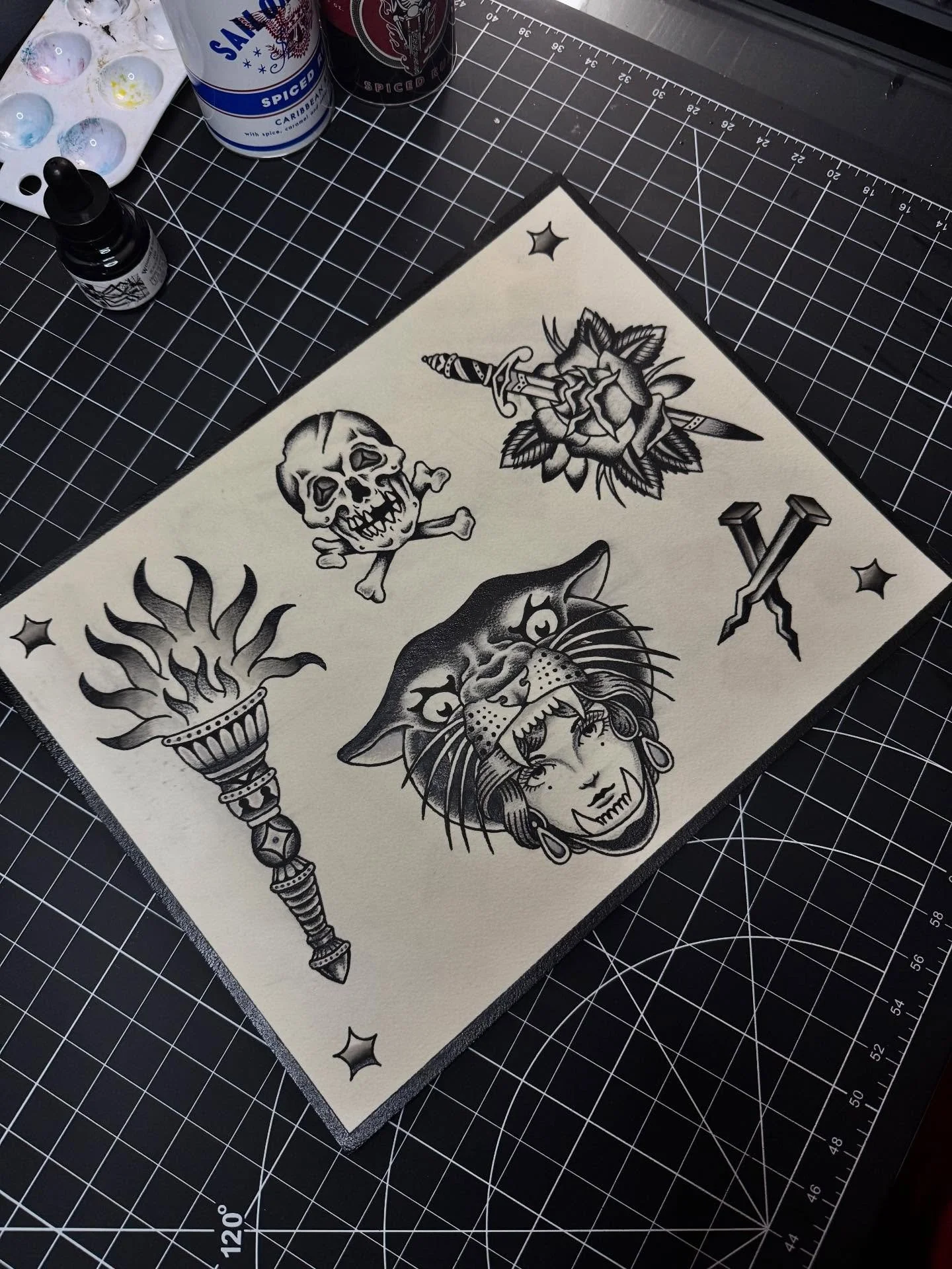 Finished this black &amp; gray flash sheet this weekend
All hand painted on Arches cold press 11x14
&bull;
Designs are available to be tattooed, and can be done in color as well.
‼️Booking for March &amp; April‼️
DM or Email