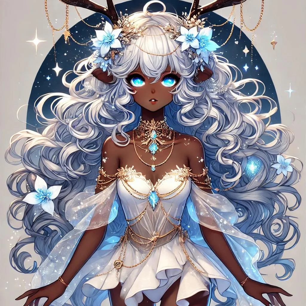 An anime-style fantasy character with dark skin, long flowing silver hair, and glowing blue eyes, adorned with gold jewelry and blue gemstones. She has antlers decorated with flowers and gold chains, and wears a white dress with gold accents and sheer cape-like sleeves. There are glowing blue flowers and sparkles around her, with a starry background.