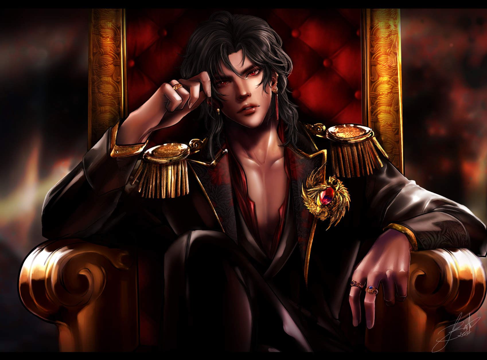A dark-haired man with red eyes sitting on a regal red and gold throne, wearing a black and gold military-style jacket with shoulder epaulets, adorned with jewelry and a brooch, in a fiery background.