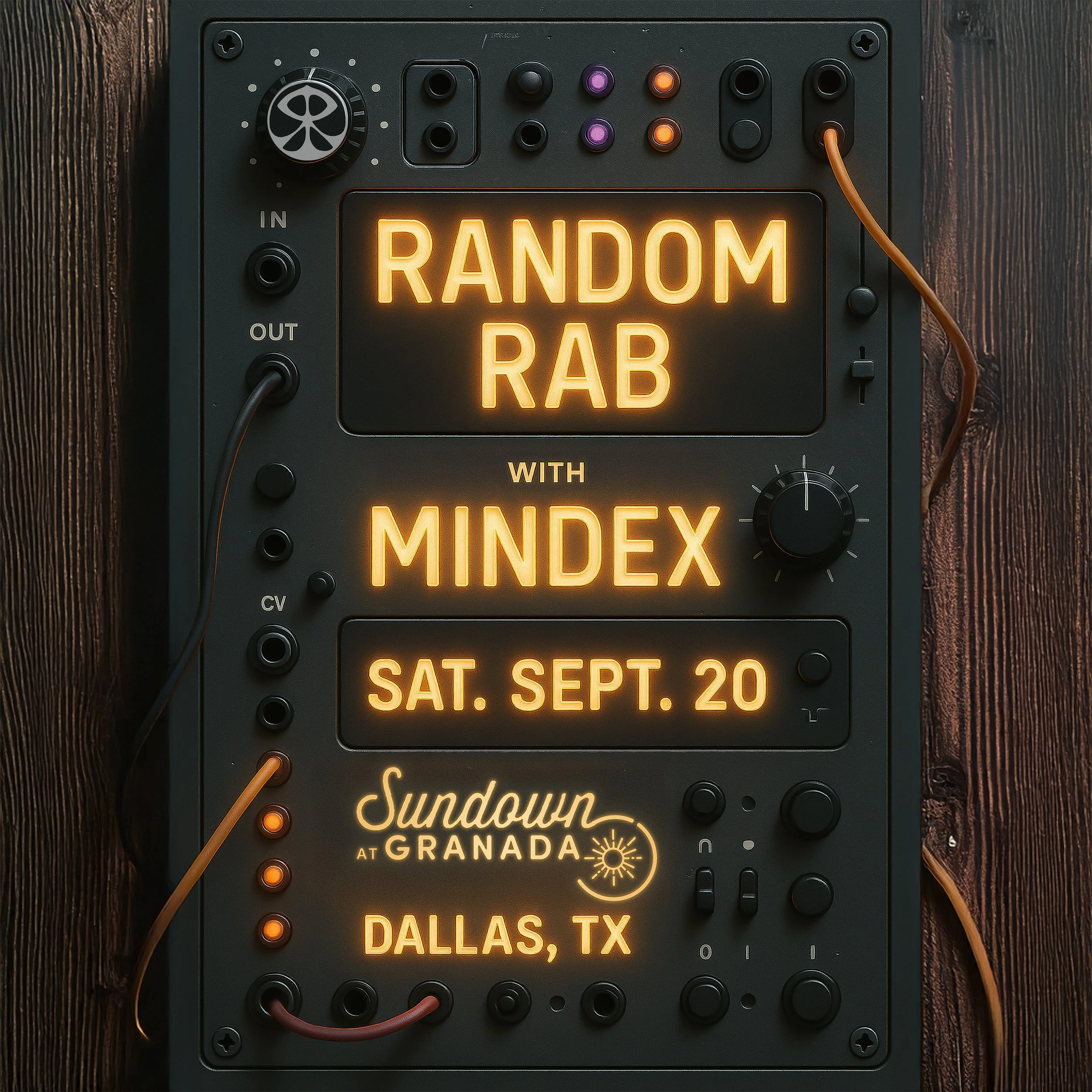 A music event display board showing details for 'Random Rab with Mindex' on Saturday, September 20 at Sundown at Granada in Dallas, Texas.