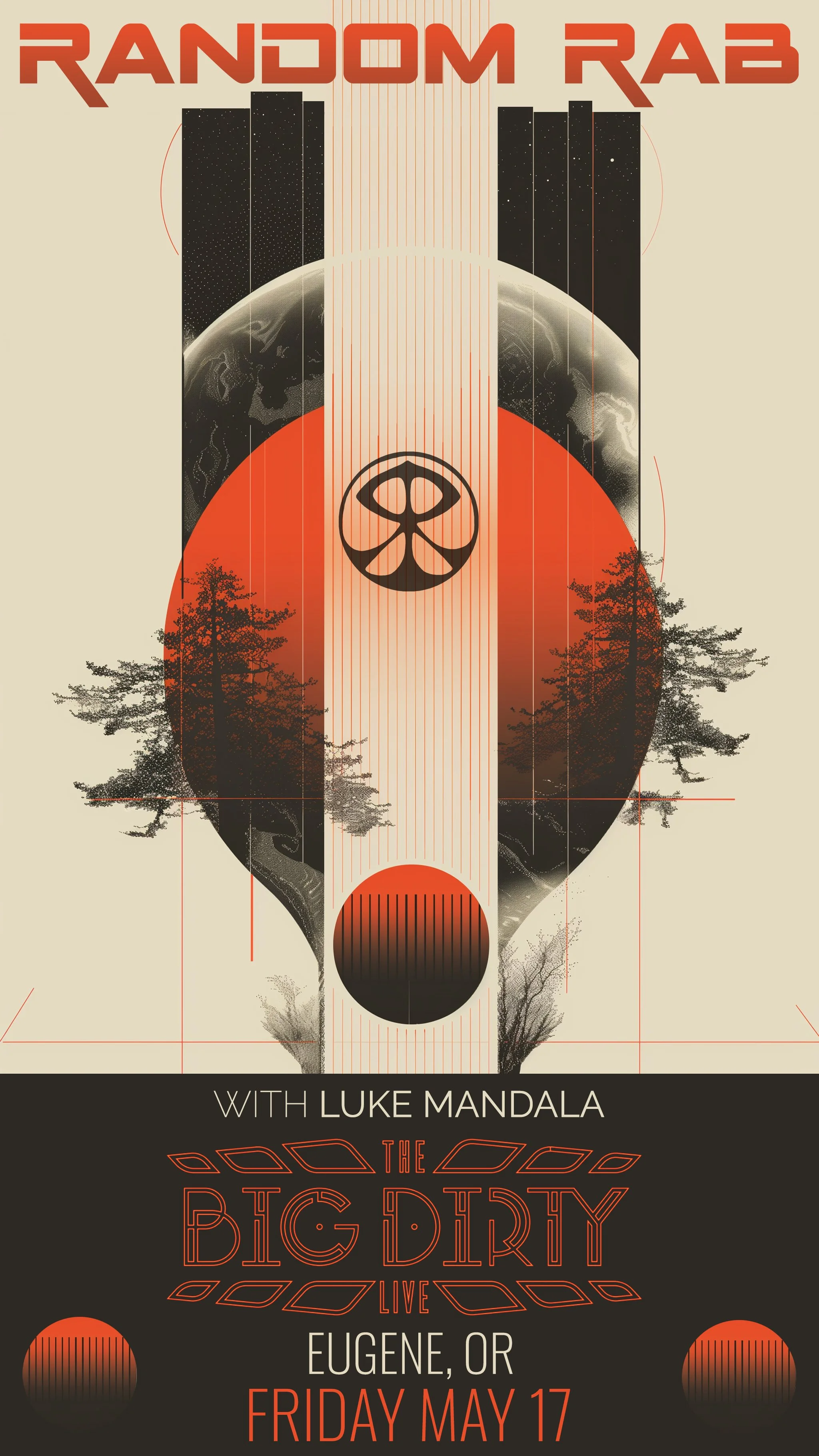 A concert poster for 'The Big Dirty Live' with Luke Mandala, featuring sci-fi and nature elements, including a stylized face, planets, trees, and geometric patterns, with event details at the bottom.