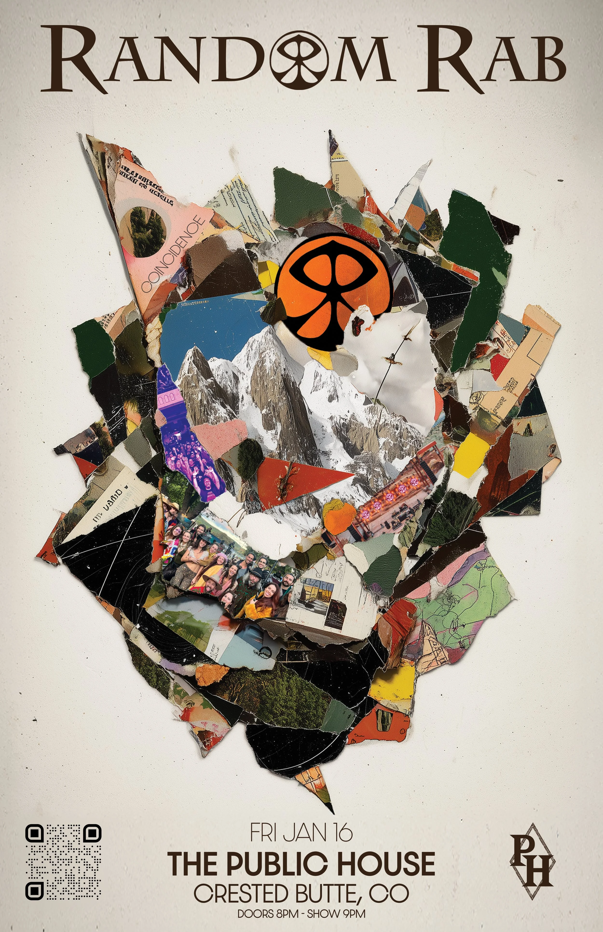 Event poster for a band called Random Rab, featuring a collage of torn paper images including mountains, a group of people, a map, and various artwork. The event is on Friday, January 16th at The Public House in Crested Butte, Colorado, with doors op