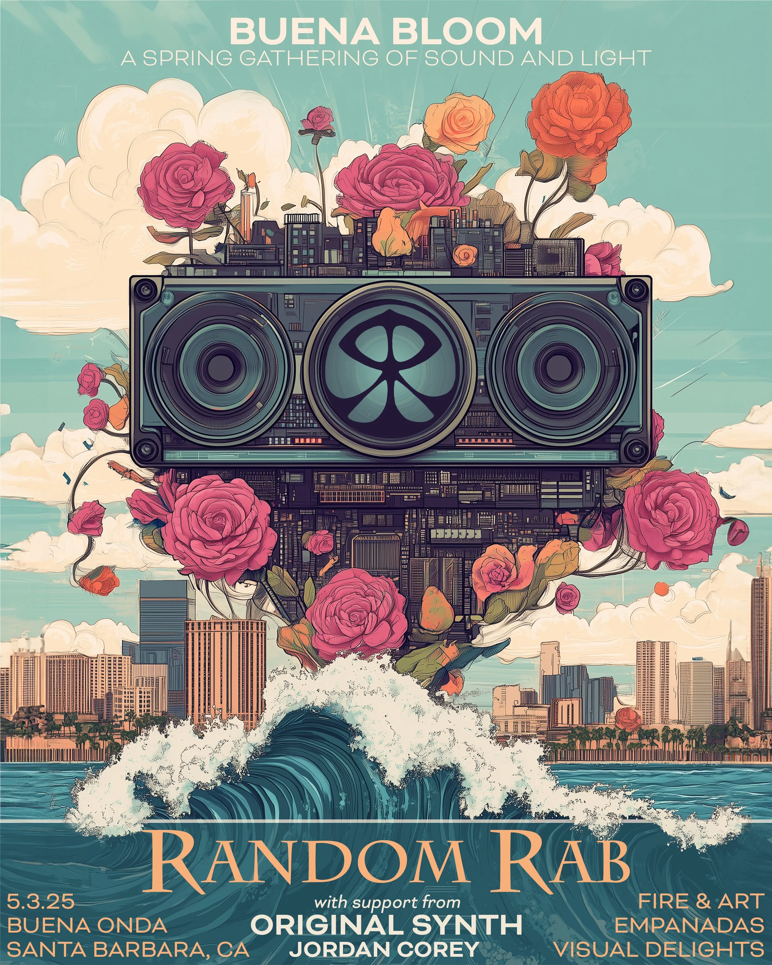 A colorful poster featuring a large vintage boombox with a peace symbol on the speaker, surrounded by blooming pink, orange, and purple flowers, floating above city buildings with ocean waves and foam at the bottom. The text on the poster reads "Buen