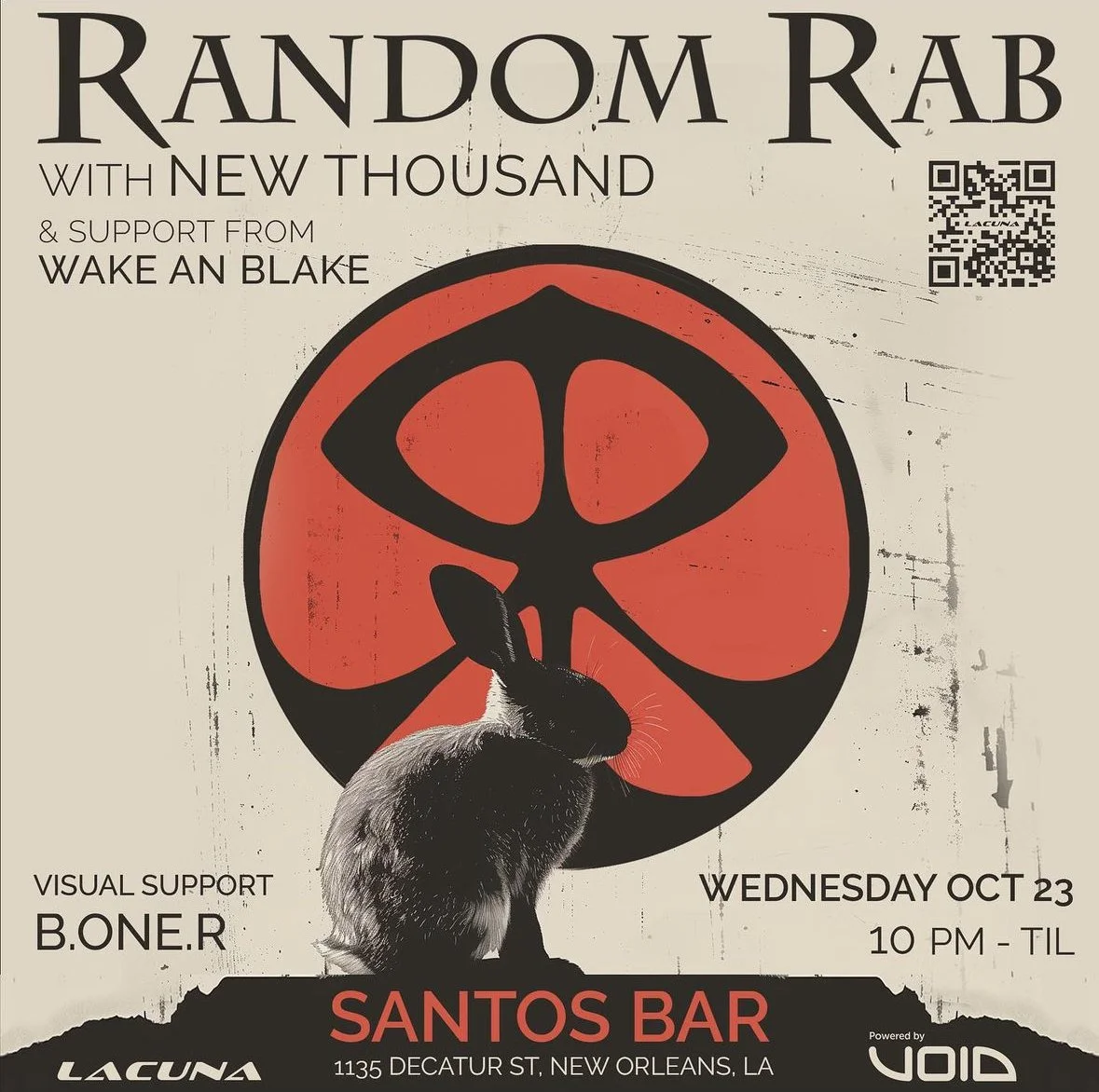 Event poster for a music performance titled 'Random Rab with New Thousand' supporting Wake an Blake, scheduled for Wednesday, October 23 at Santos Bar in New Orleans, Louisiana. The poster features a large stylized rabbit illustration with a circular