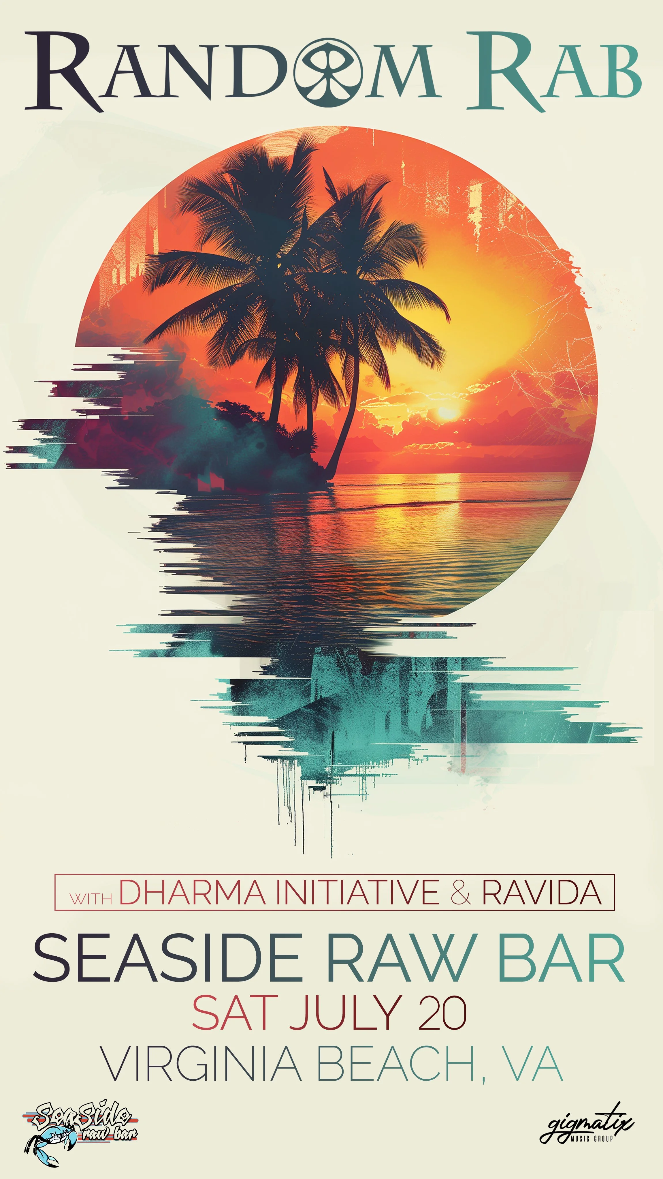 Poster for an event featuring a sunset over a tropical beach with palm trees, combining realistic and digital art styles, promoting a 'Seaside Raw Bar' event at Virginia Beach, VA on Saturday, July 20, with details about Dharma Initiative and Ravida,