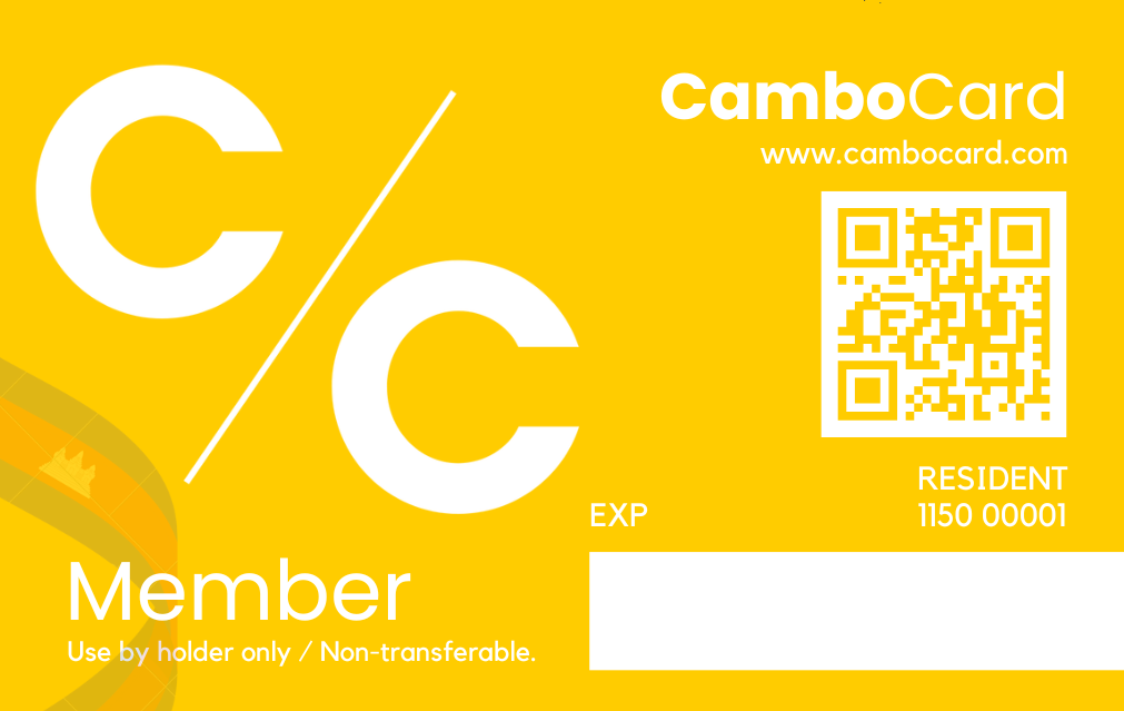 A yellow member card from CamboCard featuring large white 'C' and slash symbol, website URL, QR code, and holder information.