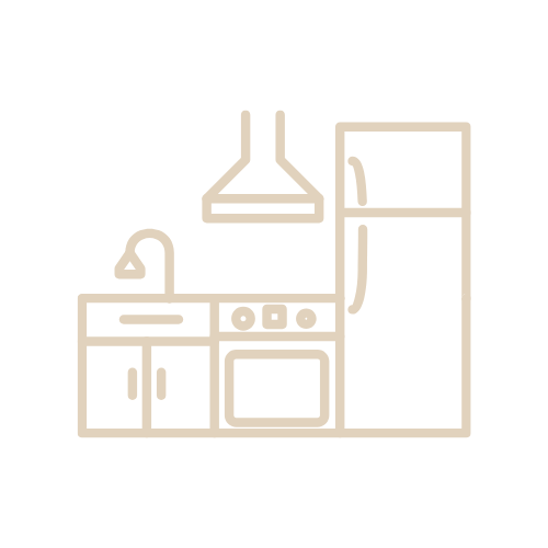 Simple line drawing of a kitchen with a refrigerator, stove, range hood, sink, and cabinets.