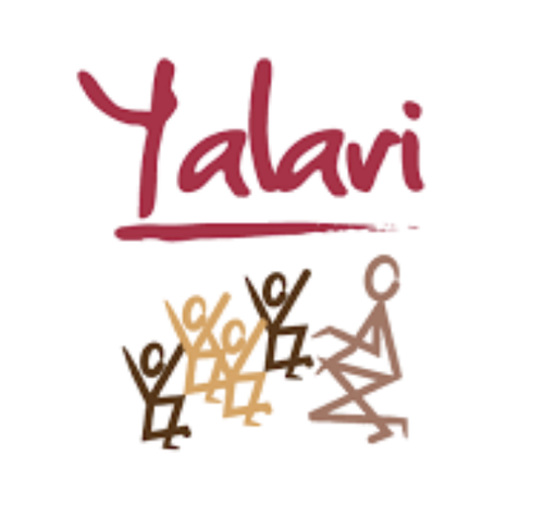 Logo with the word 'Yalavi' in maroon, stylized writing, and abstract figures of children playing and an adult sitting.