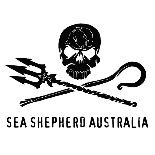 A black and white graphic featuring a skull with a sitting dog outline inside it, crossed trident and whip below, and the text 'Sea Shepherd Australia' underneath.