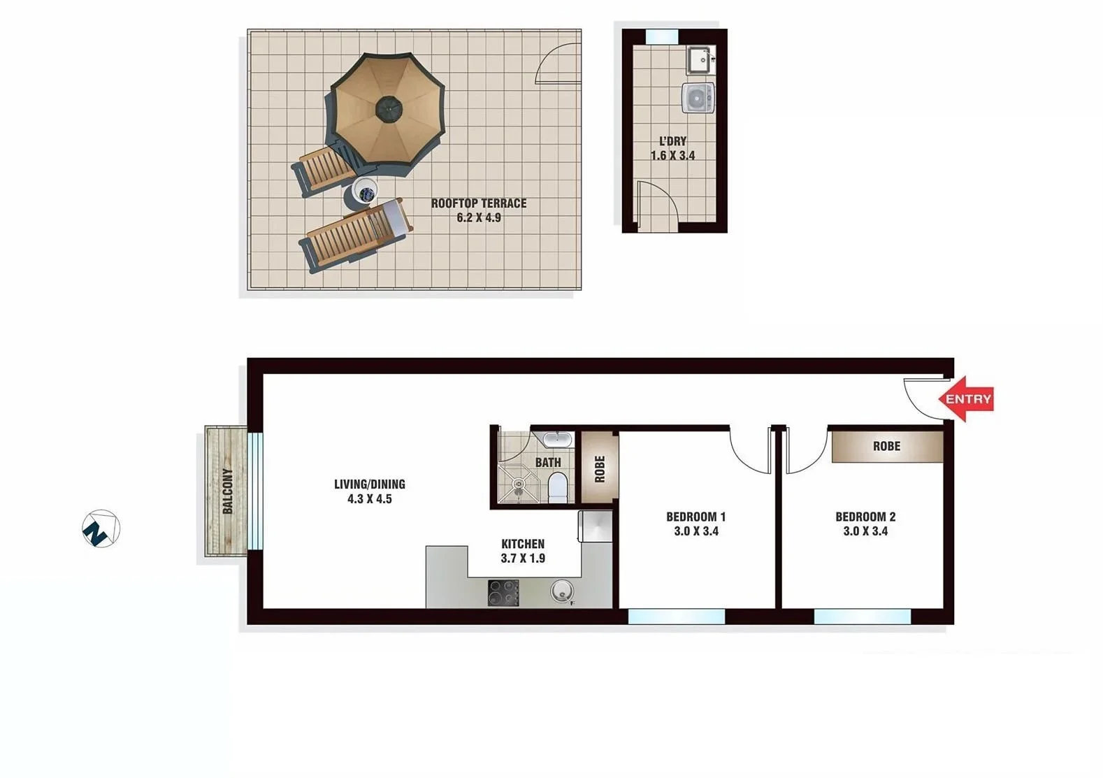 Floor plan of a small apartment with an entry leading to two bedrooms, a kitchen, a living/dining area, a bathroom, a balcony, a rooftop terrace, and a laundry room.