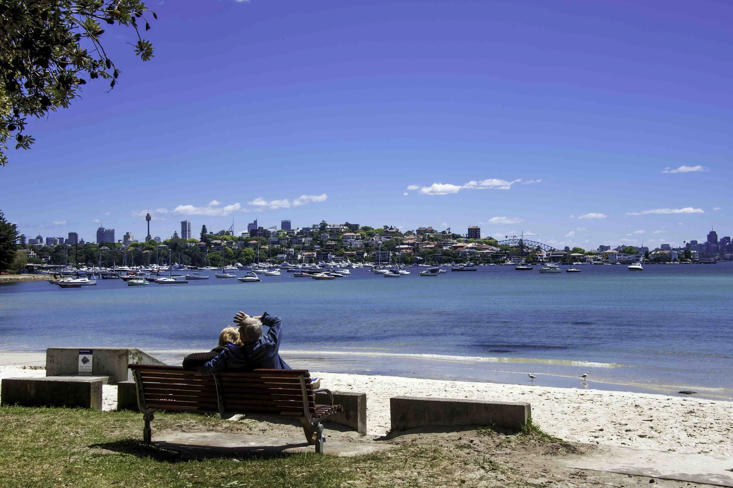 A person and a child sitting on a bench facing a marina with sailboats, with a city skyline and a bridge in the background, under a clear blue sky.