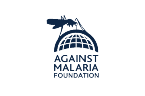 Logo of Against Malaria Foundation featuring a mosquito, a globe, and the organization's name.
