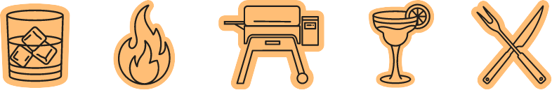 Icons of cocktails, fire, BBQ smoker and BBQ utensils