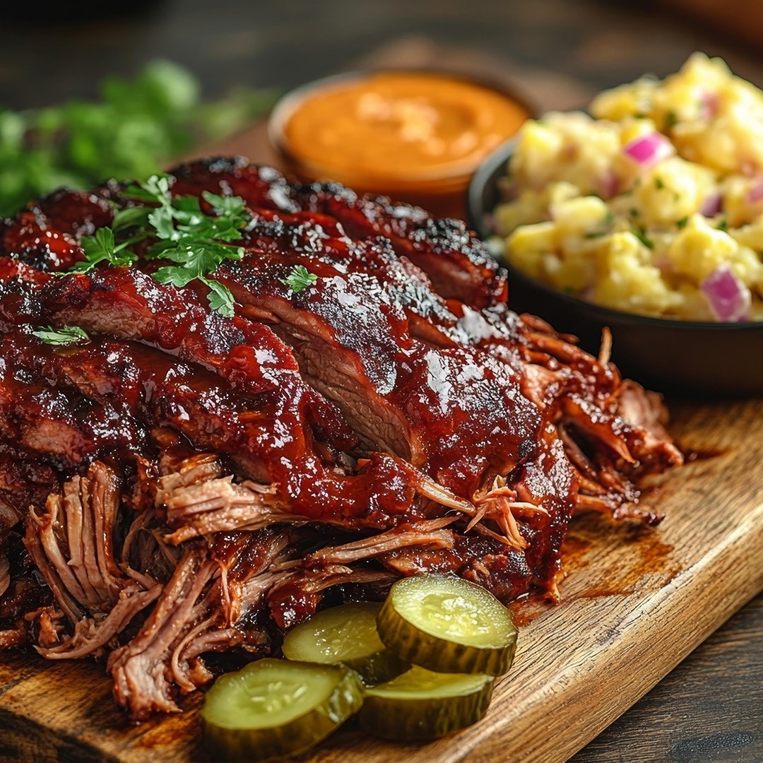 Platter of bbq pulled pork with sides