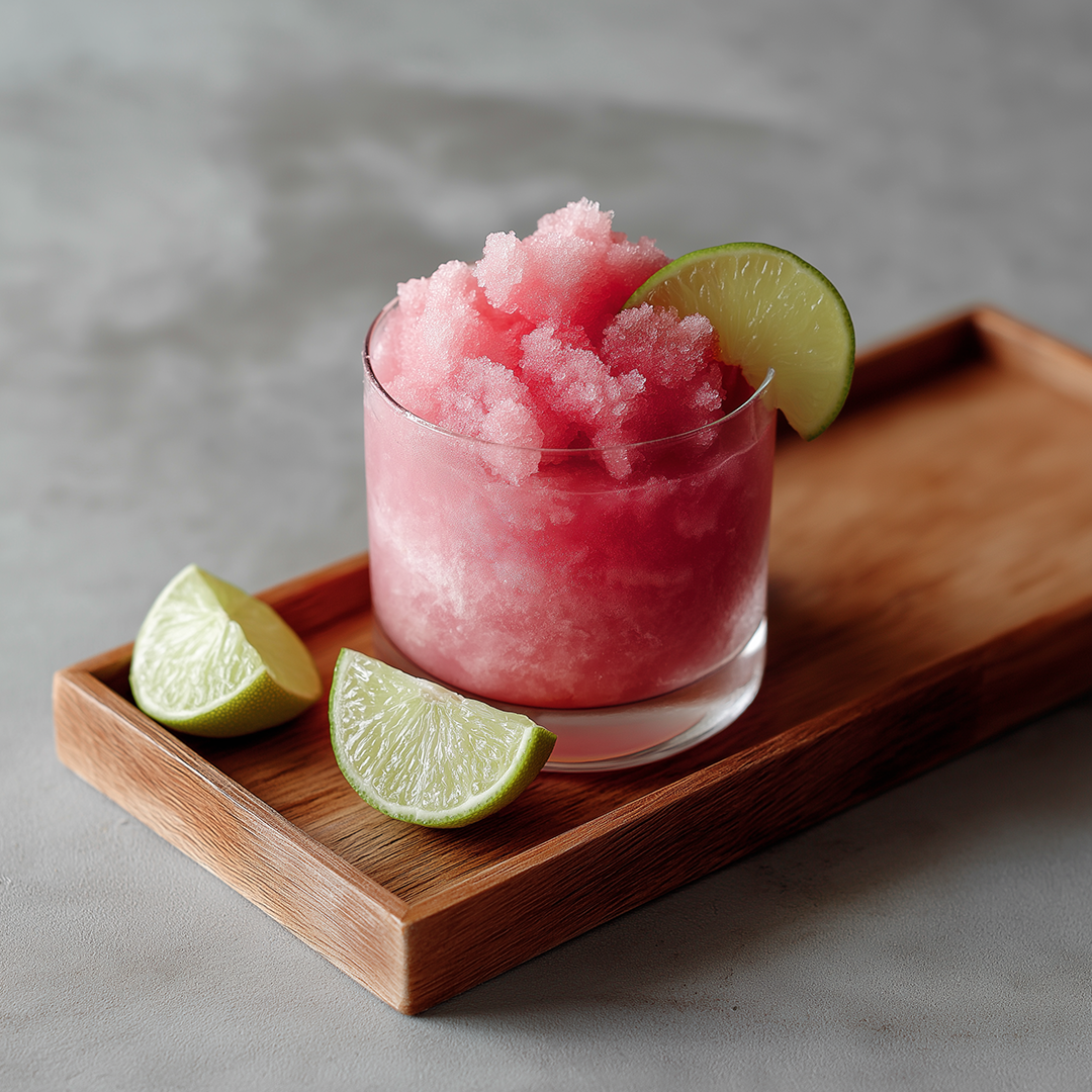Frozen cocktail on a wooden tray