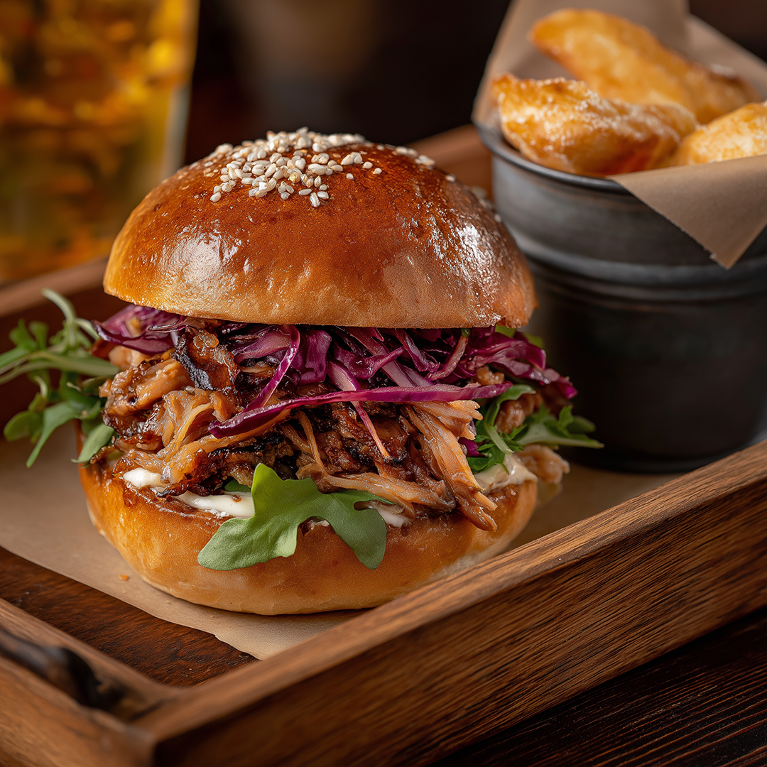 Pulled pork burger on wooden tray