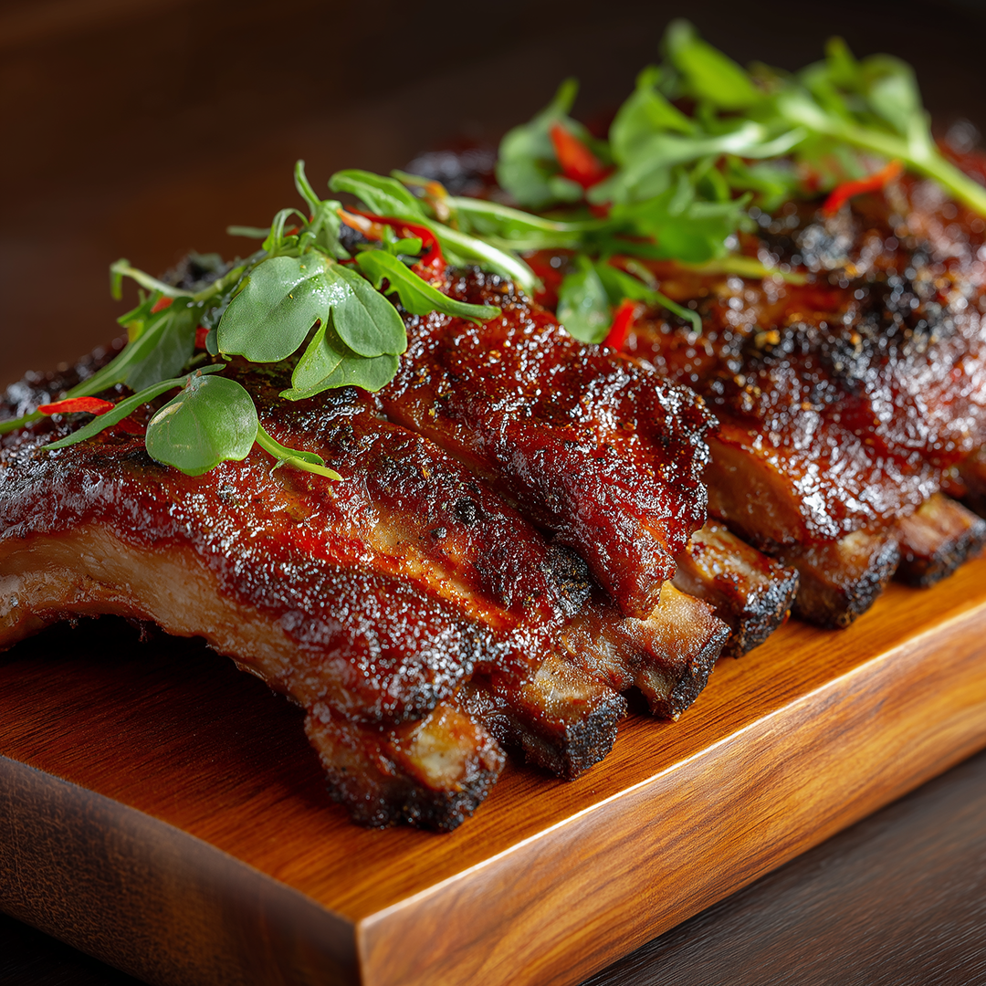 A rack of sticky BBQ pork ribs
