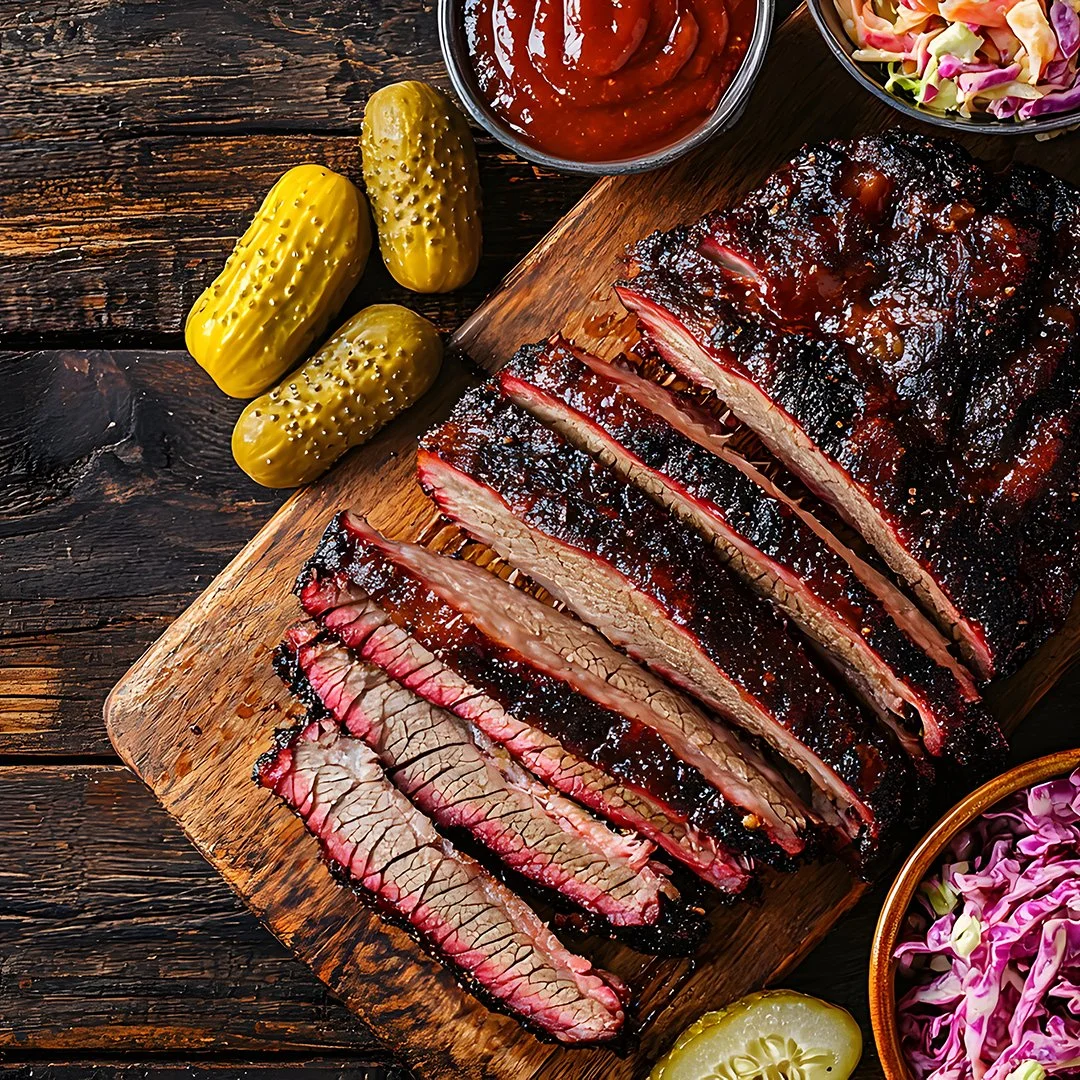 BBQ brisket on a wooden board