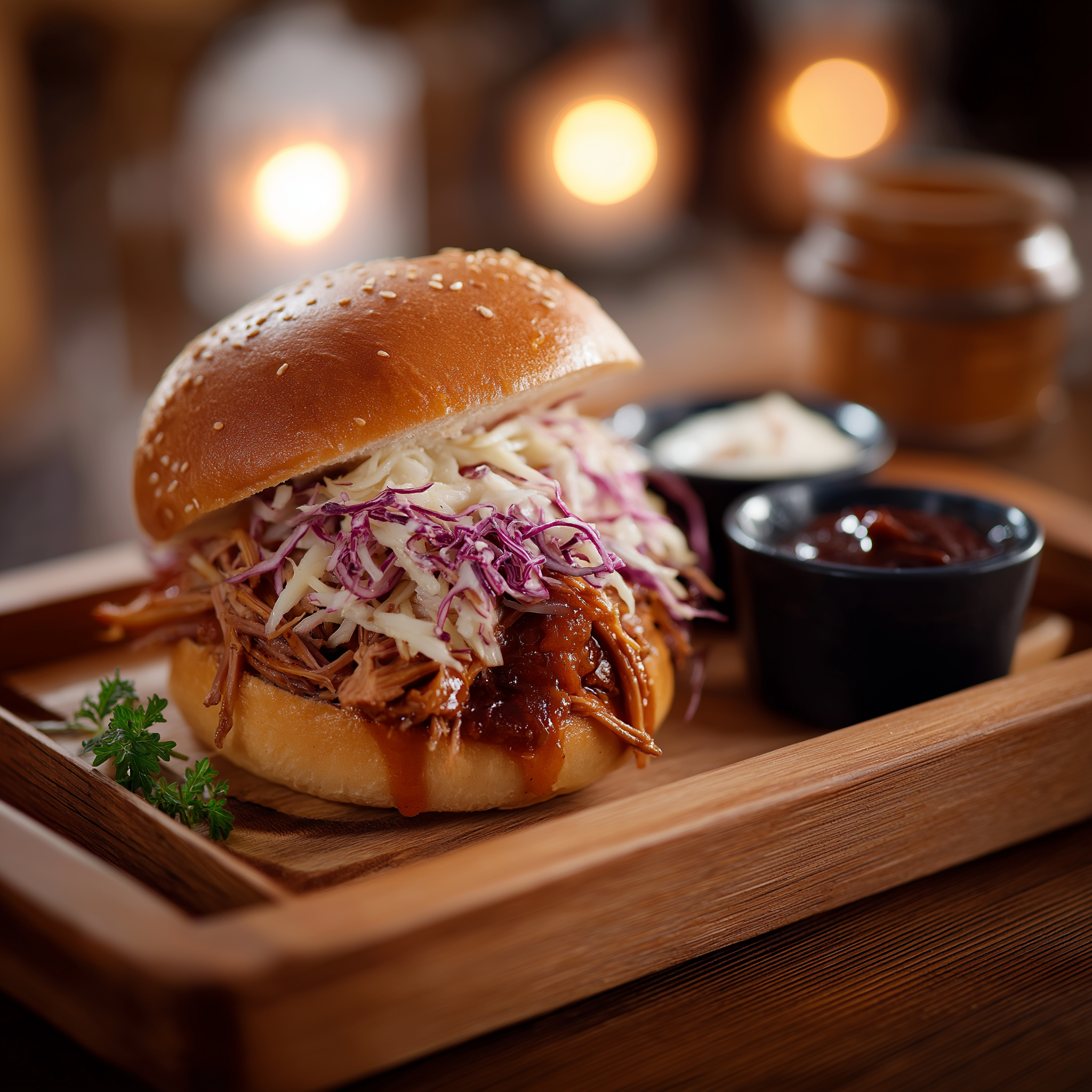 Pulled pork burger on wooden tray