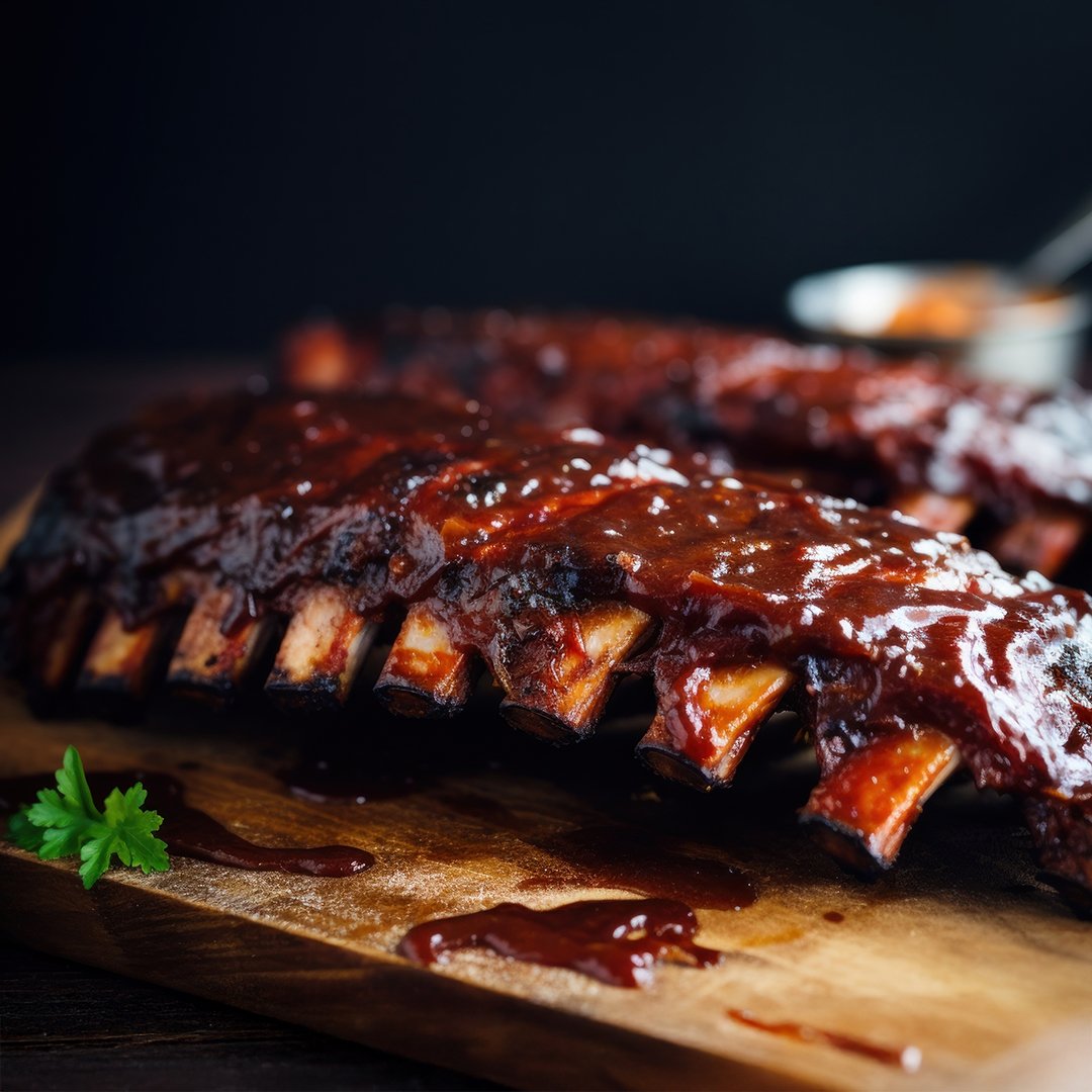 A rack of BBQ ribs on a wooden board