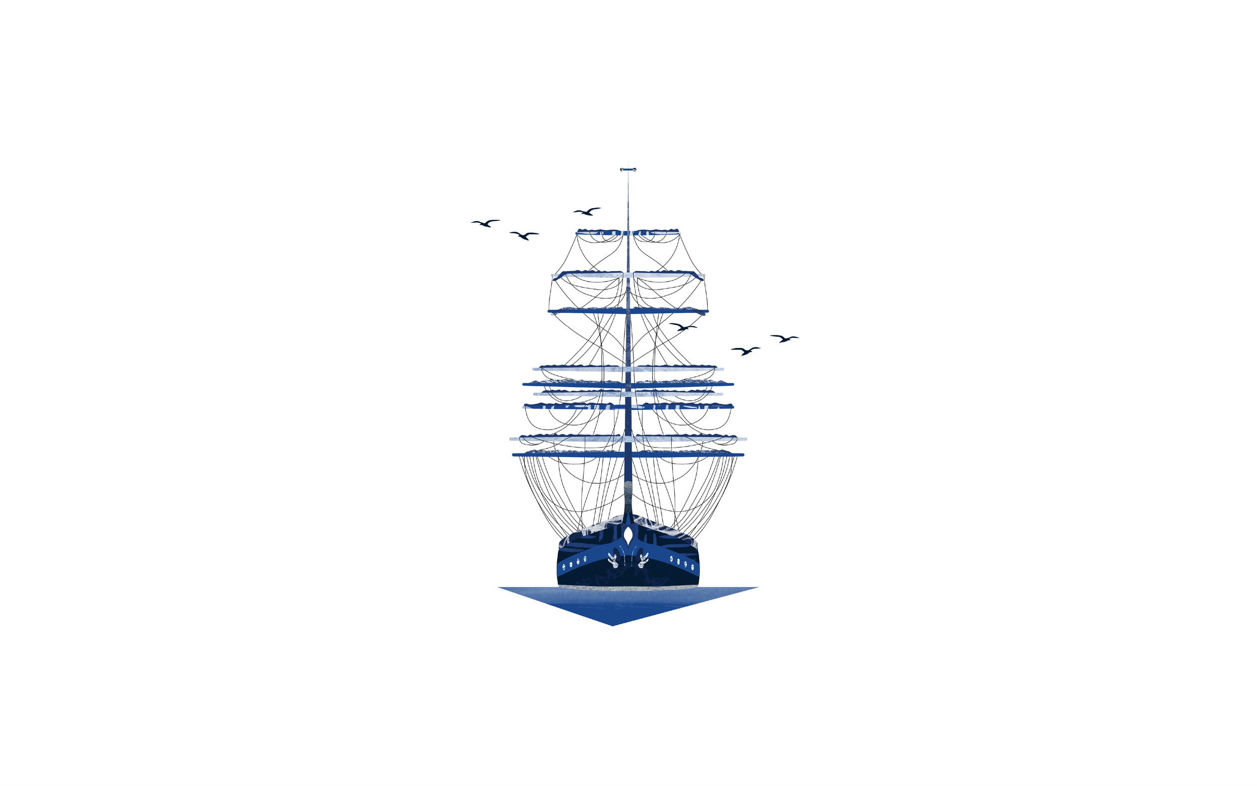 Stylized blue and white illustration of a sailing ship with multiple masts and sails, surrounded by flying seagulls.
