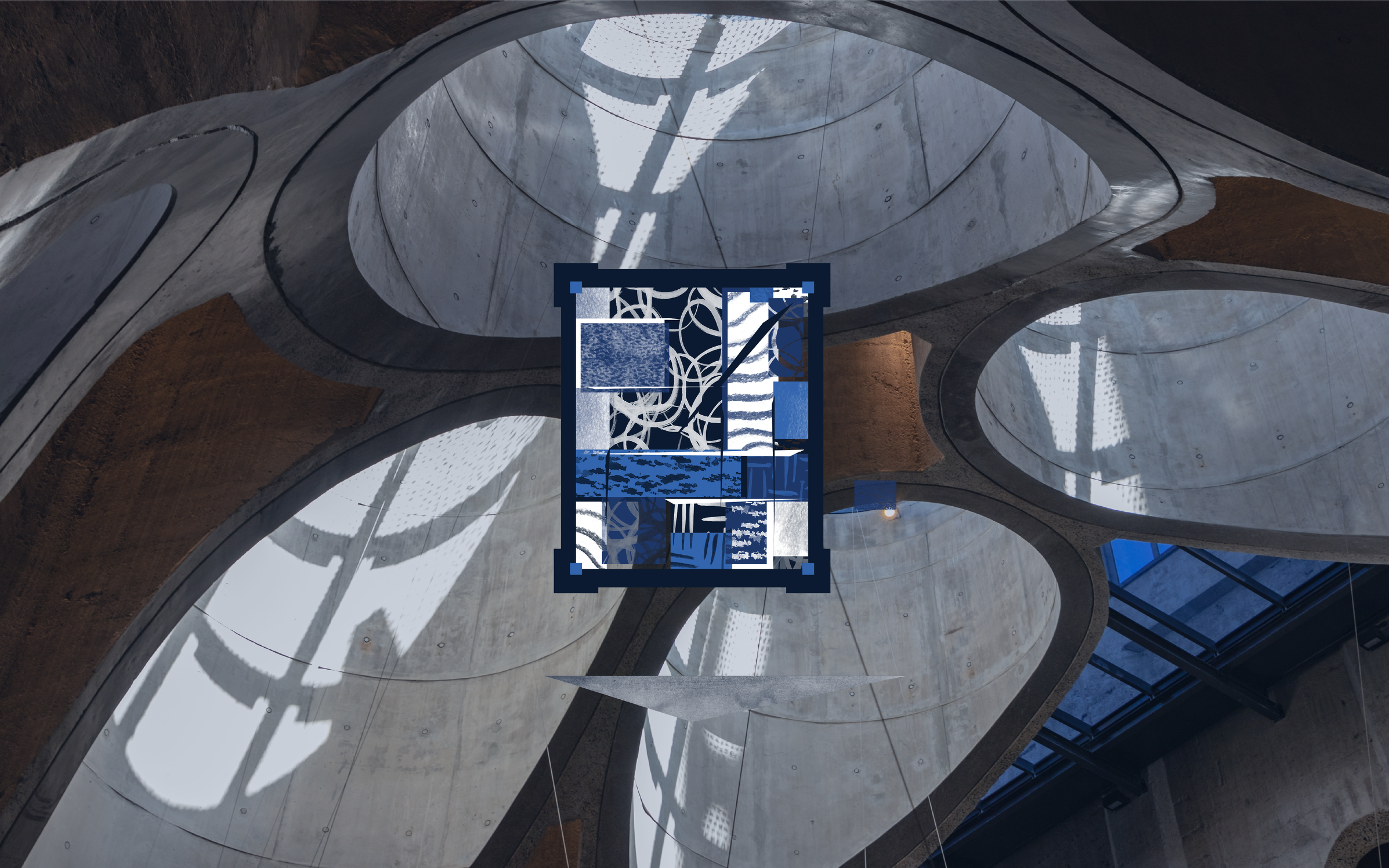 Interior view of a modern, abstract architectural space with curved concrete walls and large circular openings in the ceiling. A piece of abstract blue artwork hangs in the center, and natural light creates shadows on the walls.