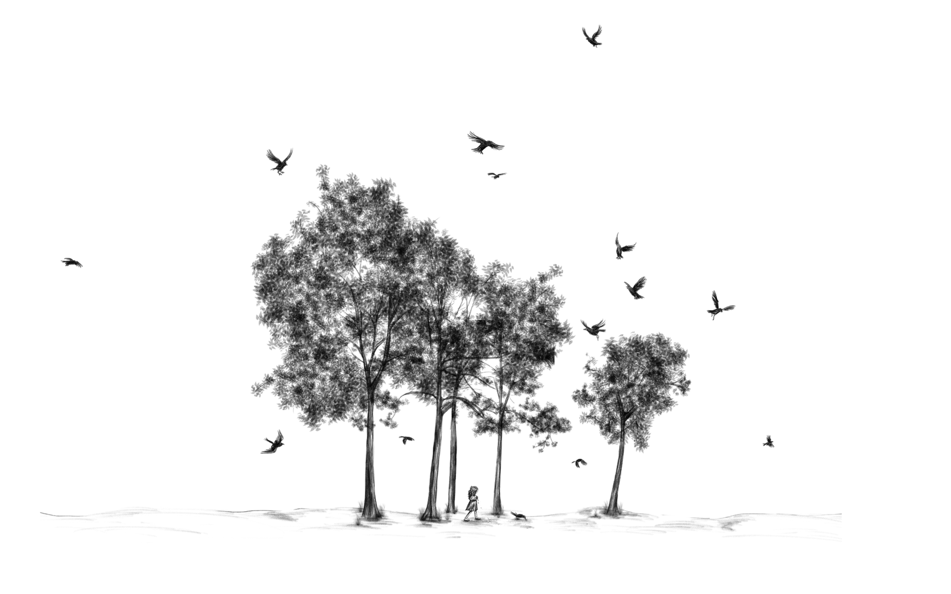 Black and white sketch of a girl walking among tall trees with birds flying overhead.