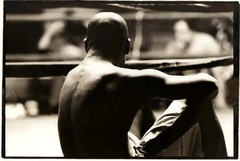 A black and white photo of a man sitting on the ground with his back to the camera, in a boxing ring.