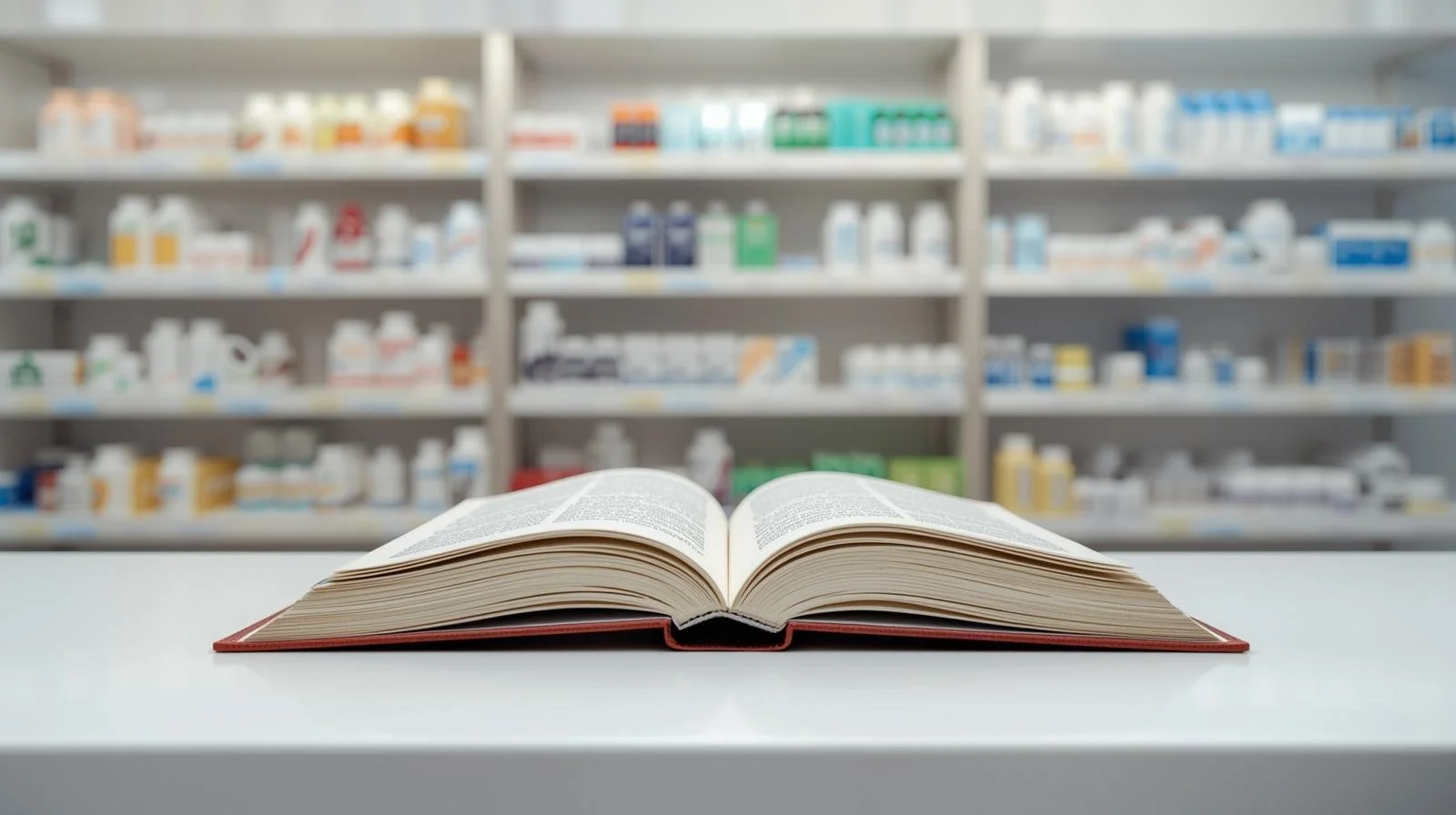 Un livre ouvert posé sur une surface blanche avec des rayons de pharmacie en arrière-plan.
