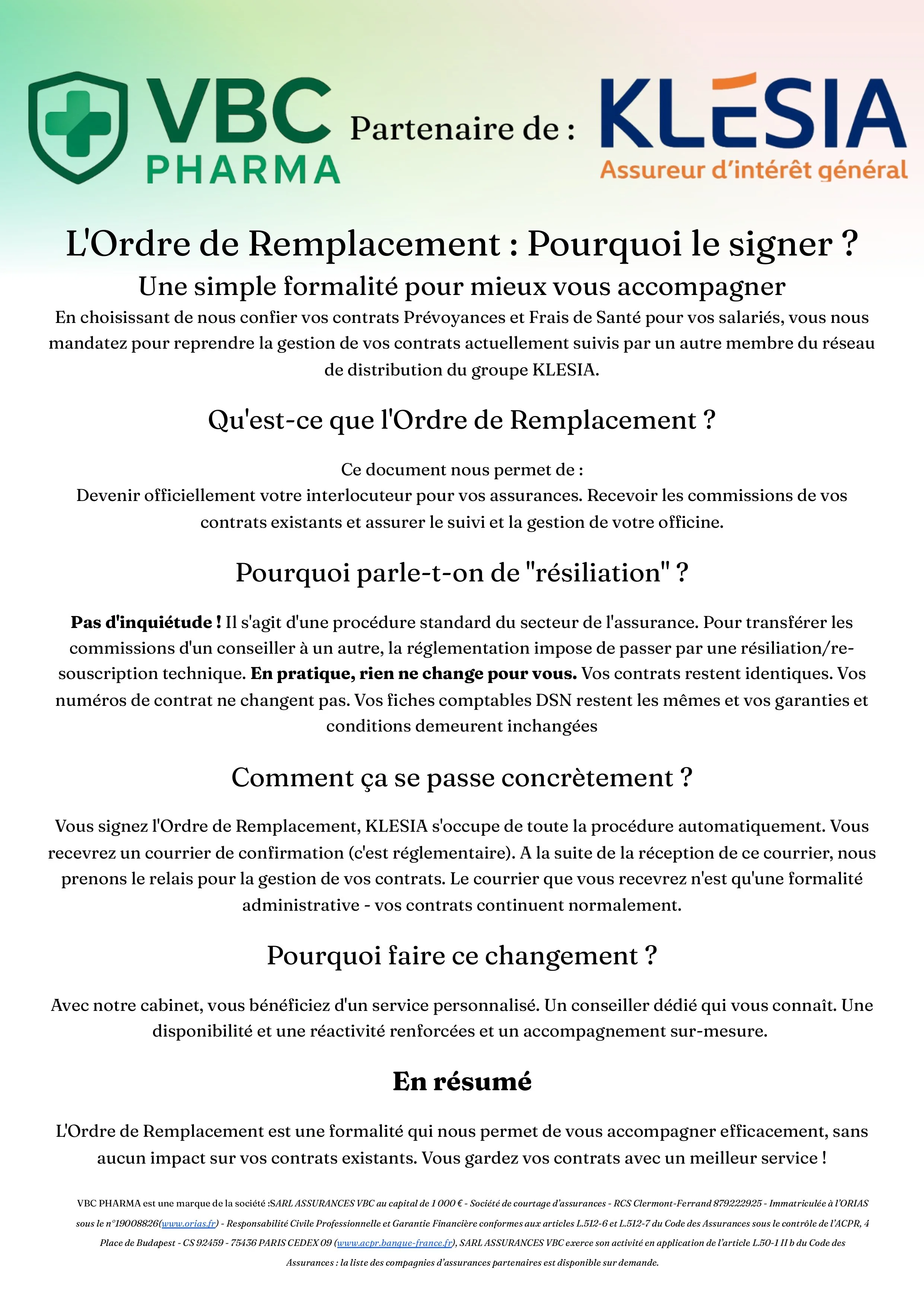 Document de présentation expliquant l'Ordre de Remplacement pour la gestion des contrats d'assurance, parrainé par VBC Pharma et Klesia, détaillant le processus et les avantages pour les clients.