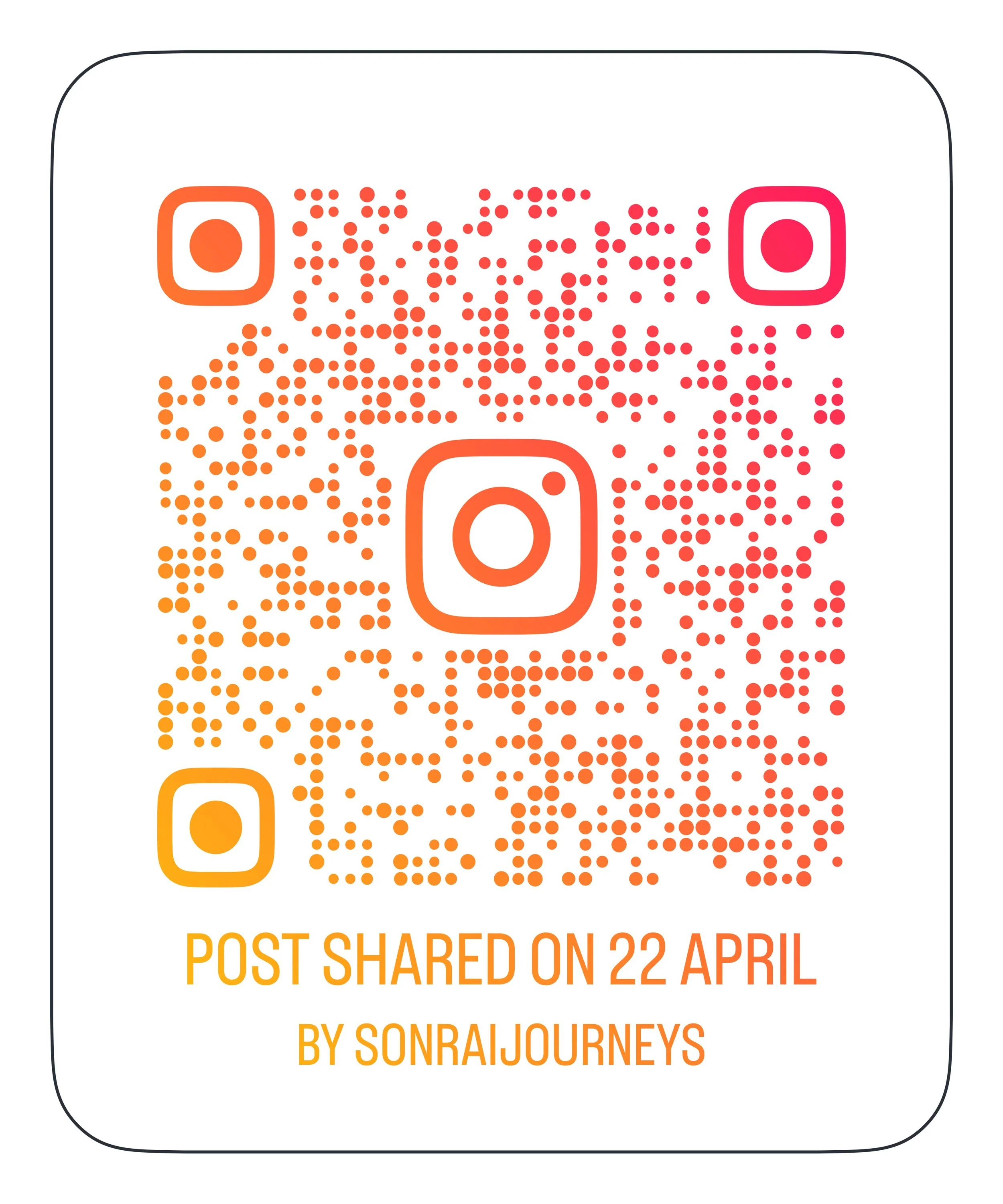 Código QR con logotipo de Instagram y texto en español e inglés que dice: "Publicación compartida en 22 de abril por Sonrajournies".