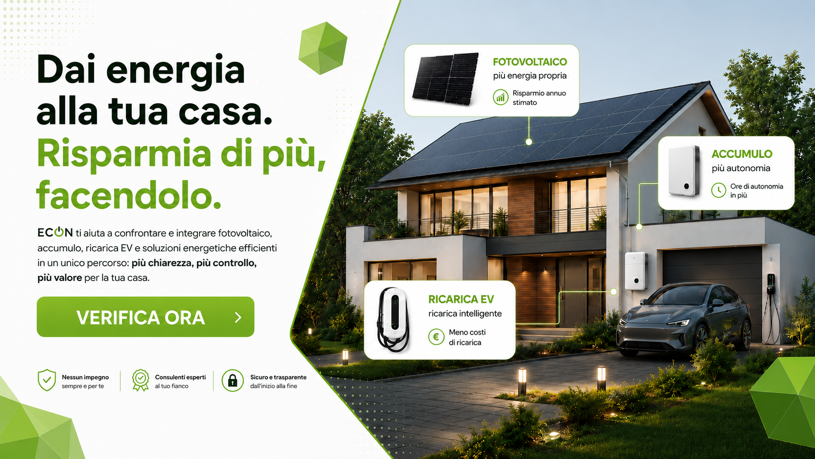 ECON come integrare fotovoltaico, accumulo e ricarica EV per rendere la tua casa più autonoma, efficiente e conveniente.