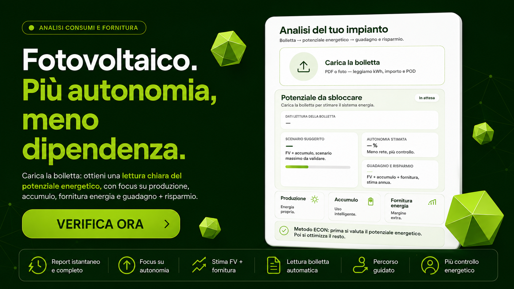 Caption immagine  Analisi consumi e fornitura: parti dalla bolletta e scopri il potenziale reale del tuo sistema fotovoltaico.