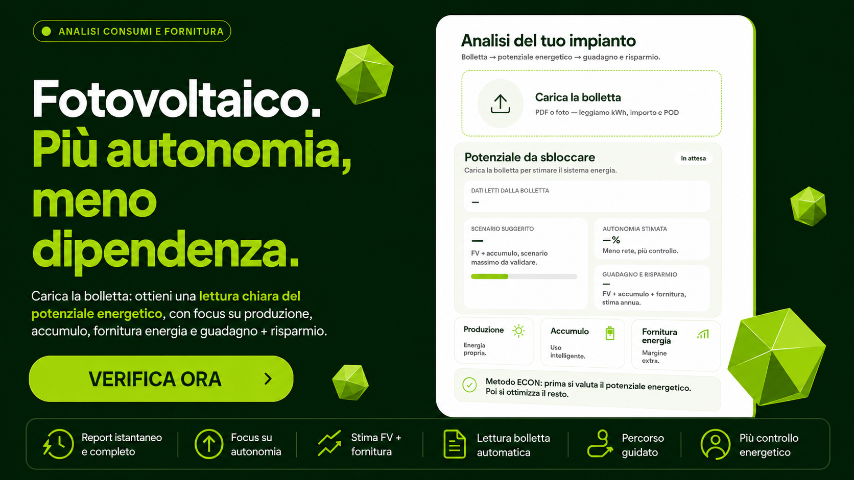 Analisi della bolletta per stimare fotovoltaico, accumulo, autonomia energetica e risparmio in bolletta