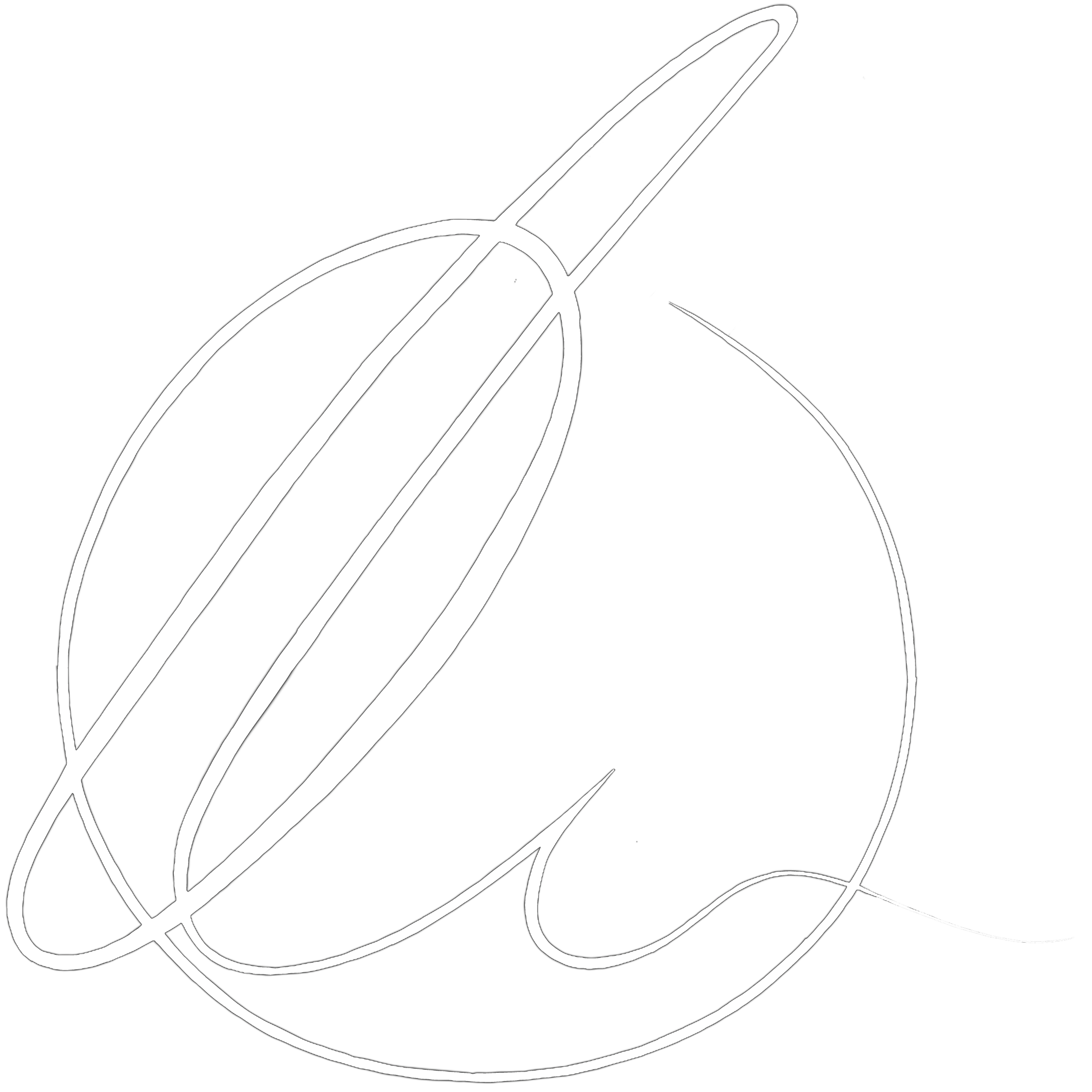 White abstract line drawing on black background, resembling a needle, thread, and abstract shapes.