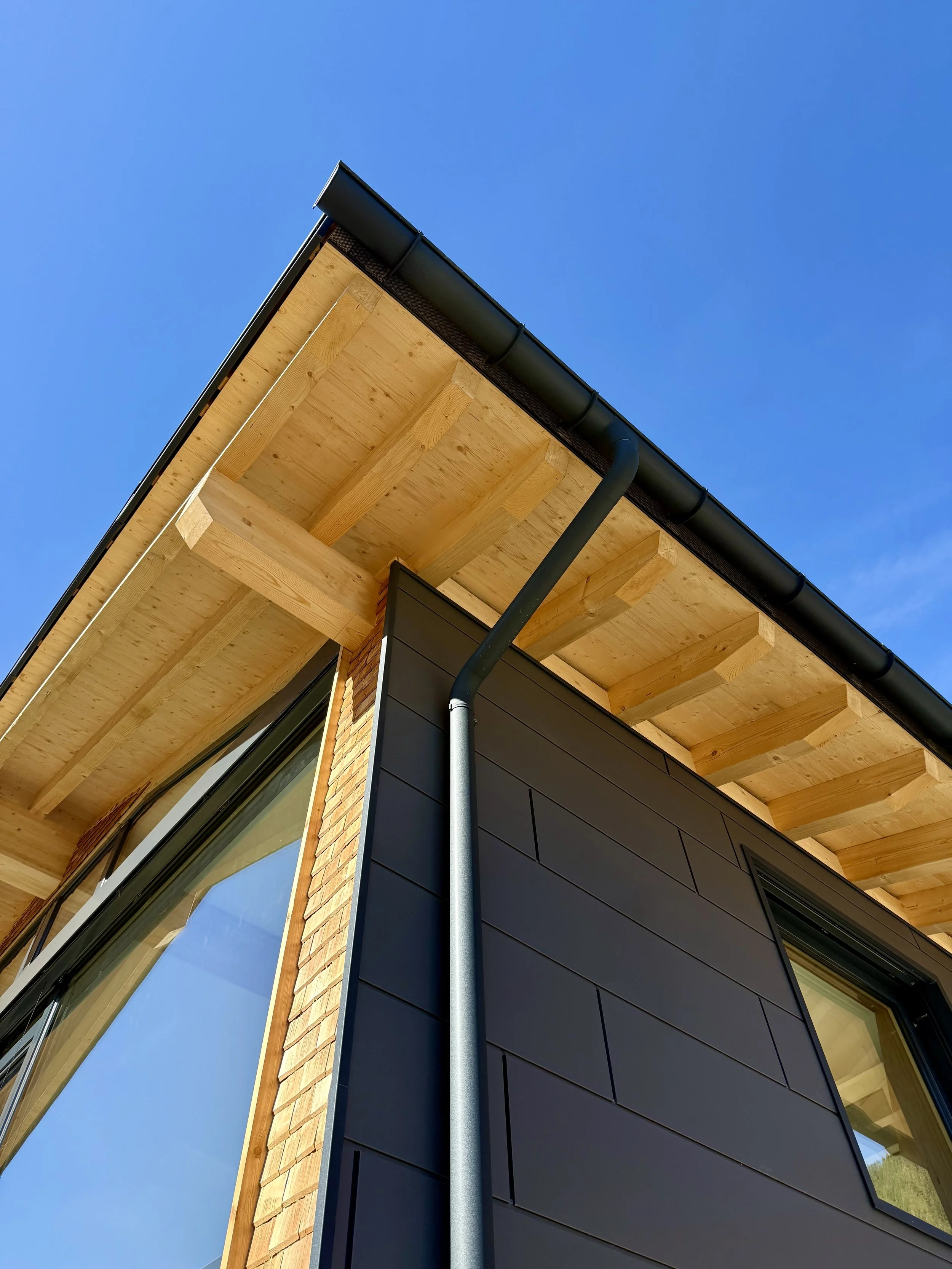 Ansicht eines modernen Gebäudes mit Holz- und schwarzen Fassadenelementen, großen Fenstern und Dachrinnen unter einem blauen Himmel.