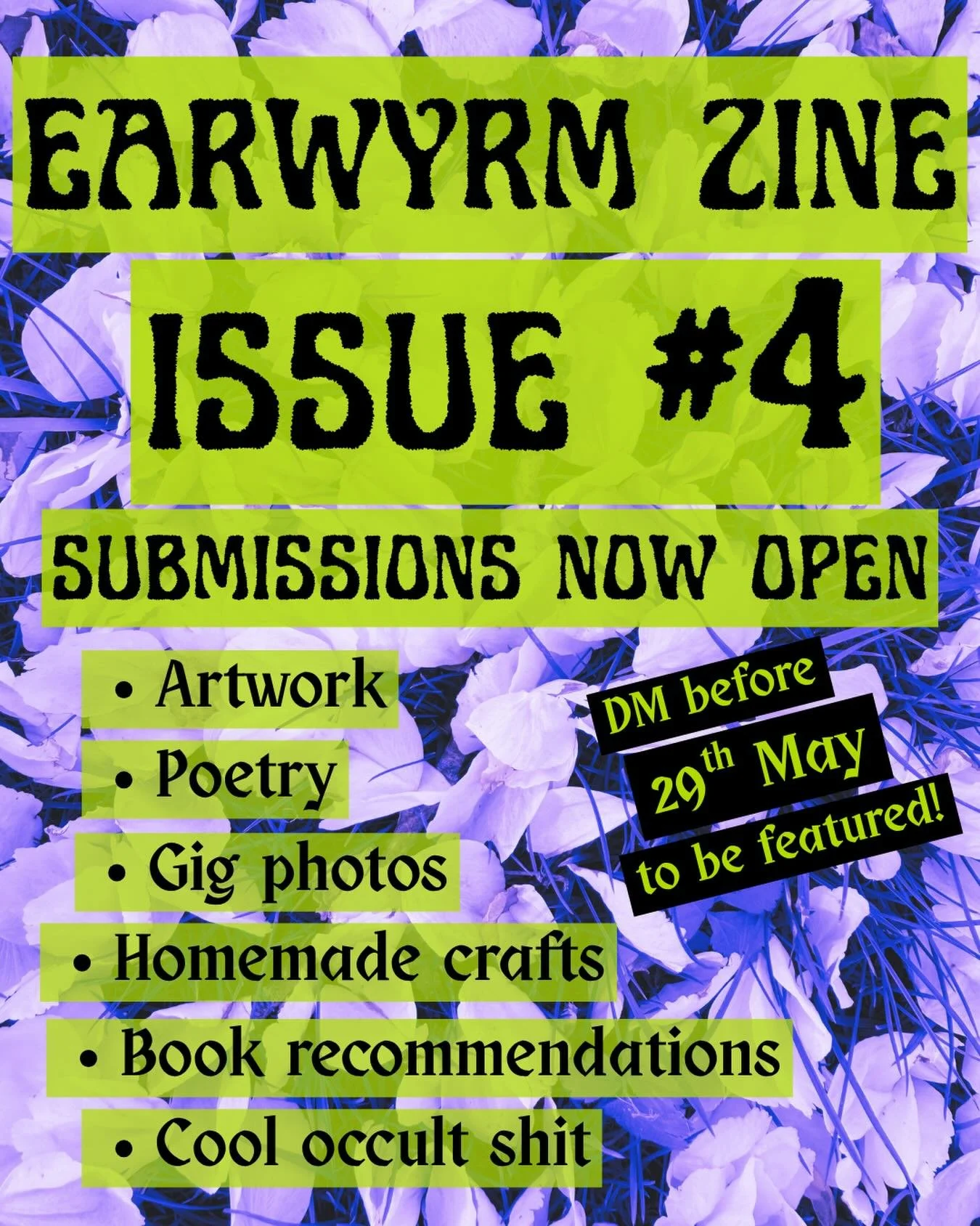 Want to see your creations, ideas, and recommendations in the pages of earwyrm issue 4? Drop us a DM before 29th May 🔥

#diyzine #occultart #occultzine #occultmusic #musiczine