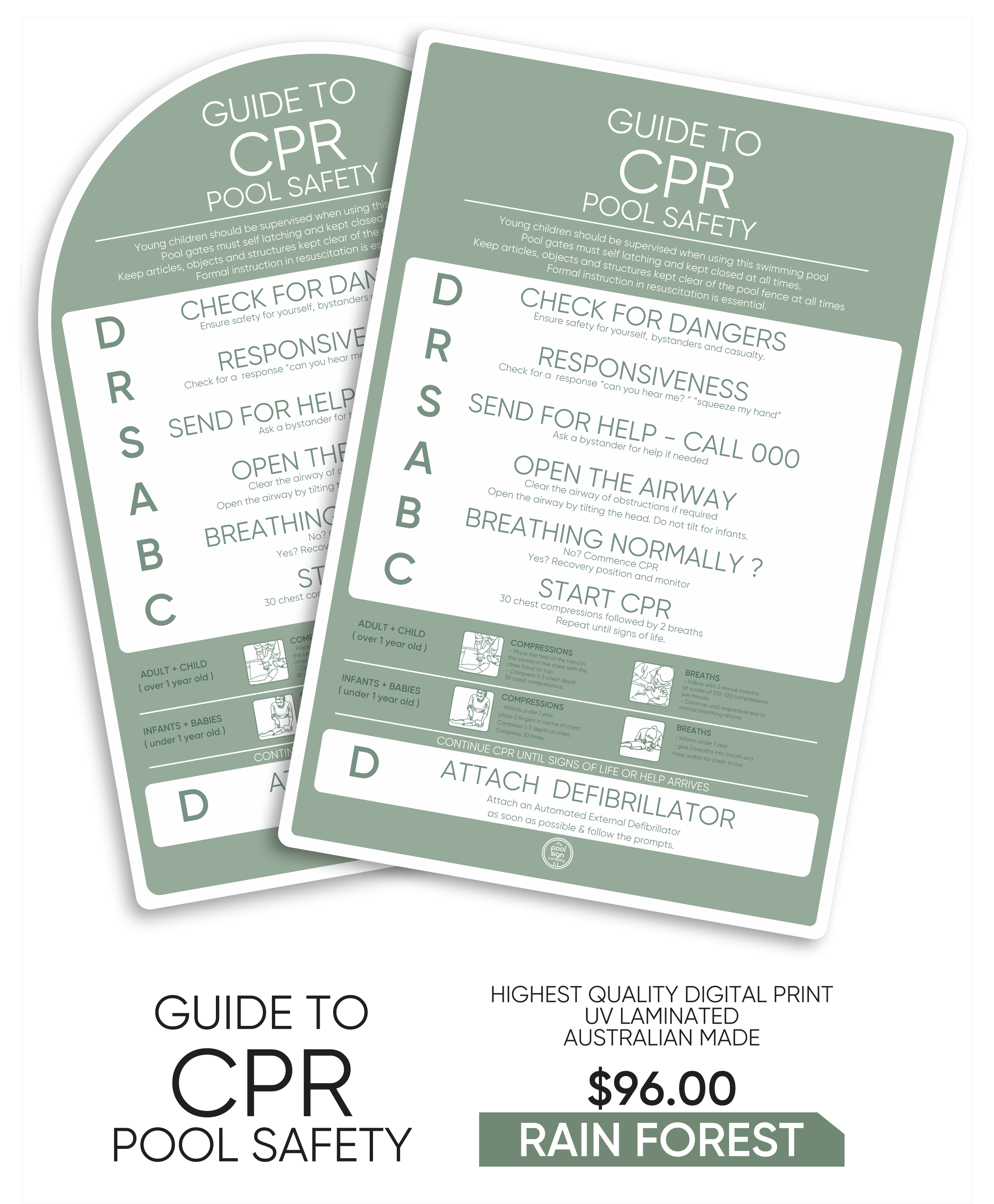 Two pool safety guide posters titled "Guide to CPR Pool Safety" with CPR instructions including check for dangers, responsiveness, send for help, open the airway, breathing, and start CPR, along with illustrated steps for adult, child, and infant CPR, and attached defibrillator instructions. The posters have a price of $96, are high quality print, UV laminated, Australian made, and are for Rain Forest.