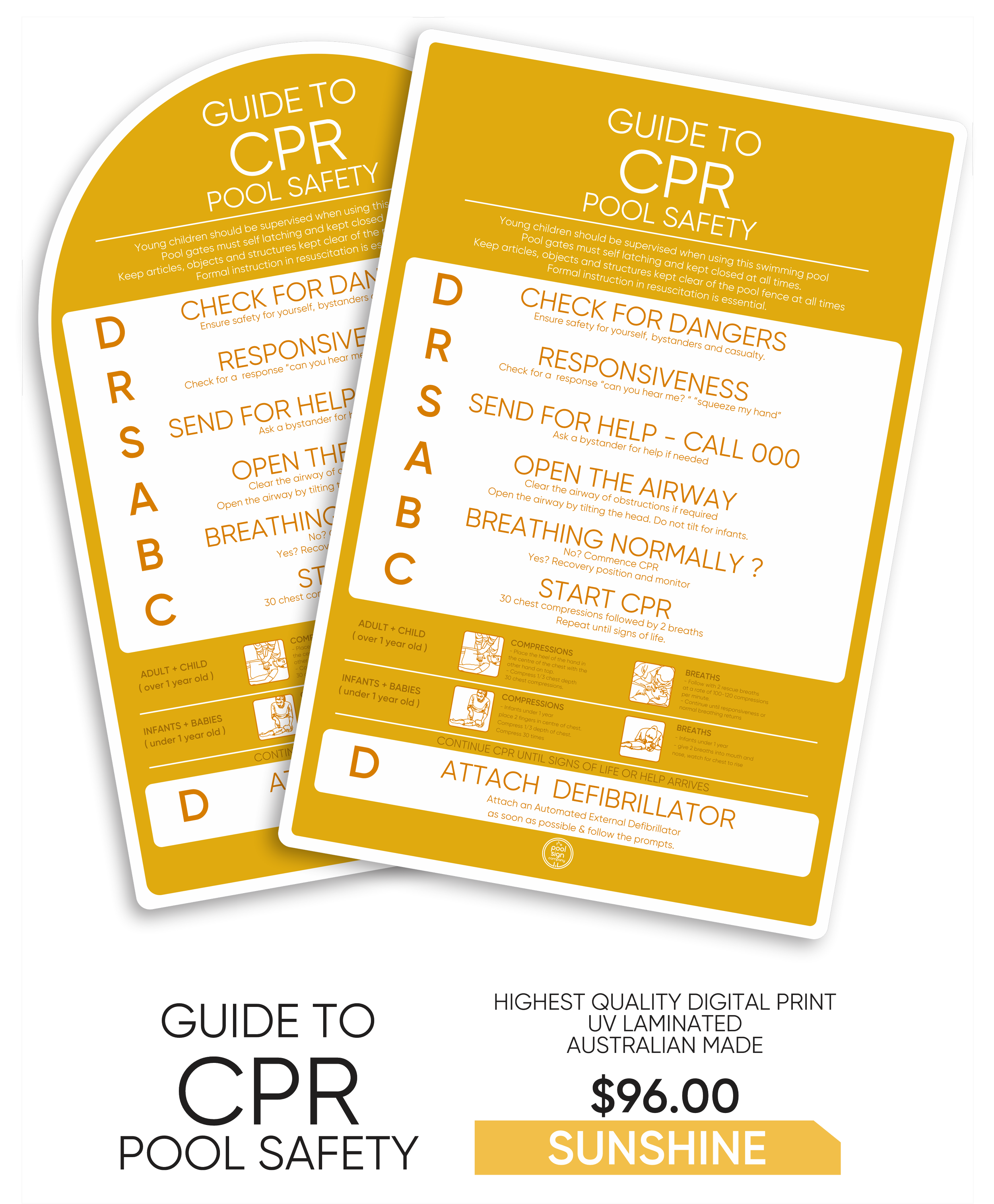 Two copies of a CPR guide for pool safety with steps and instructions in orange on a yellow background, titled "Guide to CPR Pool Safety."