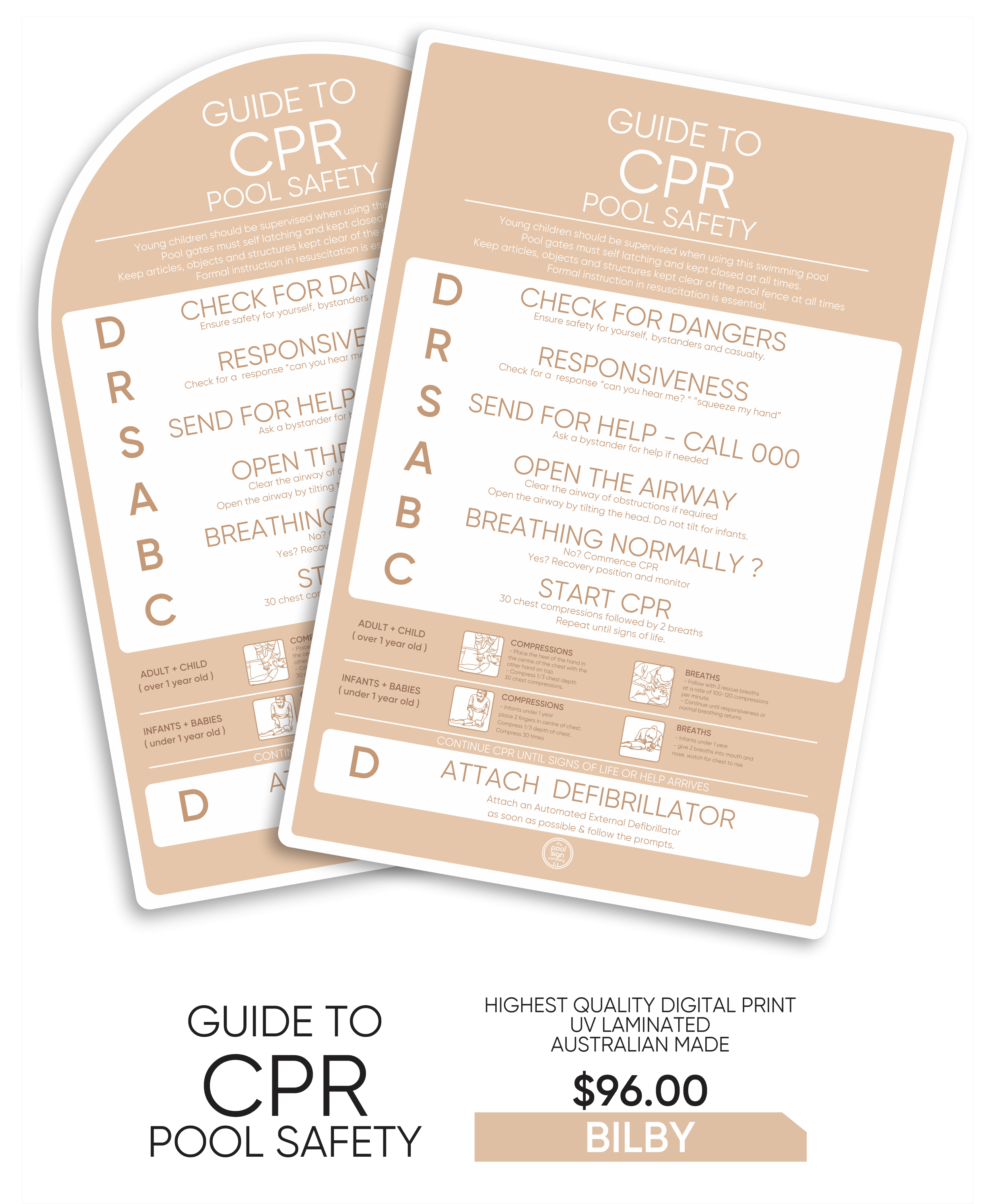 A printed guide to CPR pool safety, showing steps including check for dangers, responsiveness, send for help, open the airway, breathing, start CPR, and attach defibrillator, with diagrams for adult, child, infants, and babies, and details on compressions and breaths.