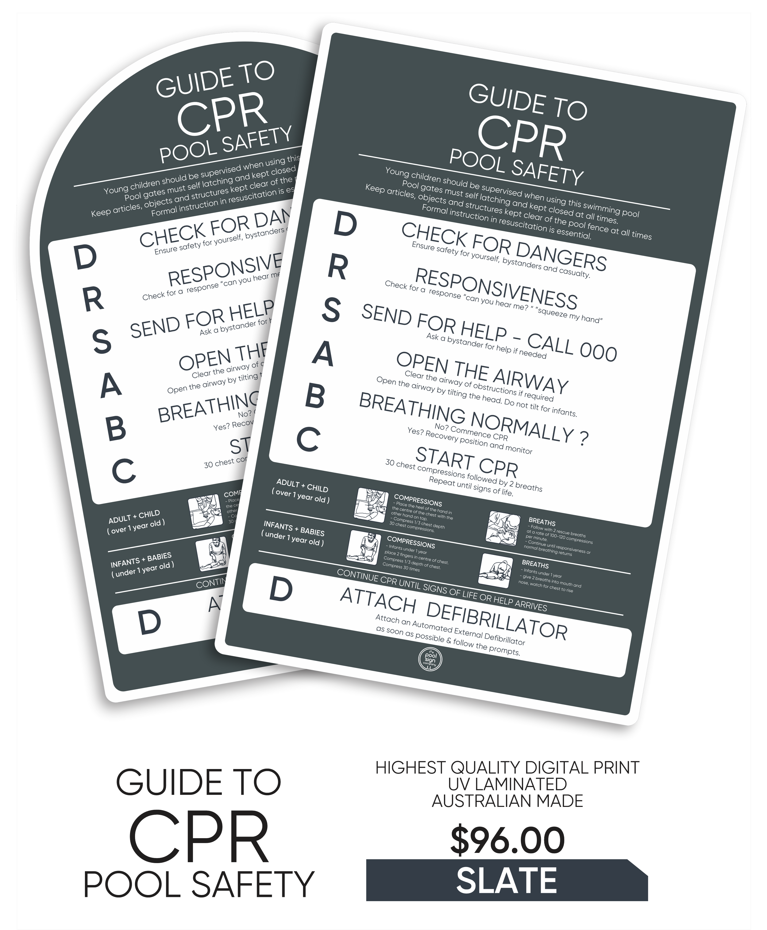 Two printed guides titled 'Guide To CPR Pool Safety' with CPR procedures and safety tips, laid over a black background, price of $96.00, labeled as 'Slate', and mentioning high-quality digital print, UV laminated, and Australian made.