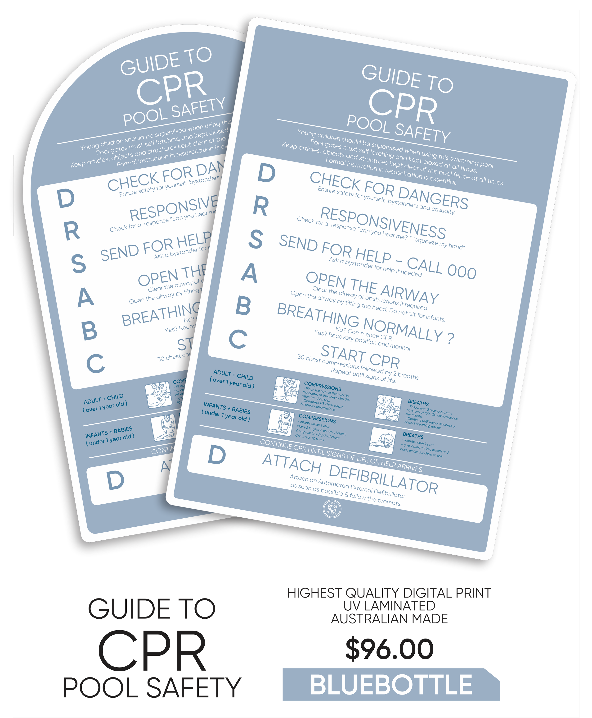Two blue printed CPR and pool safety guides for daycare, featuring steps like check for dangers, responsiveness, send for help, open the airway, breathing, start CPR, and attach a defibrillator.